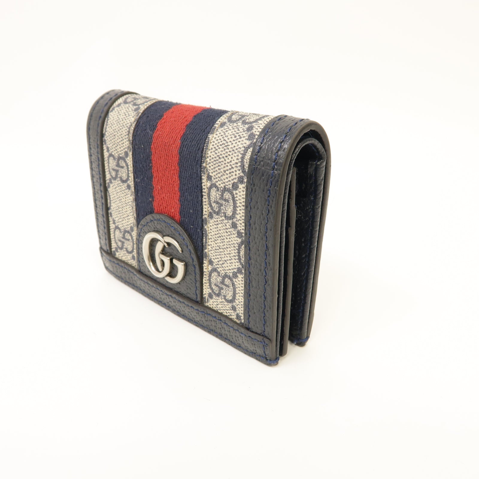 GUCCI 塗層帆布/皮革GG Supreme Ophidia Card Case Wallet銀扣錢包米色/深藍色