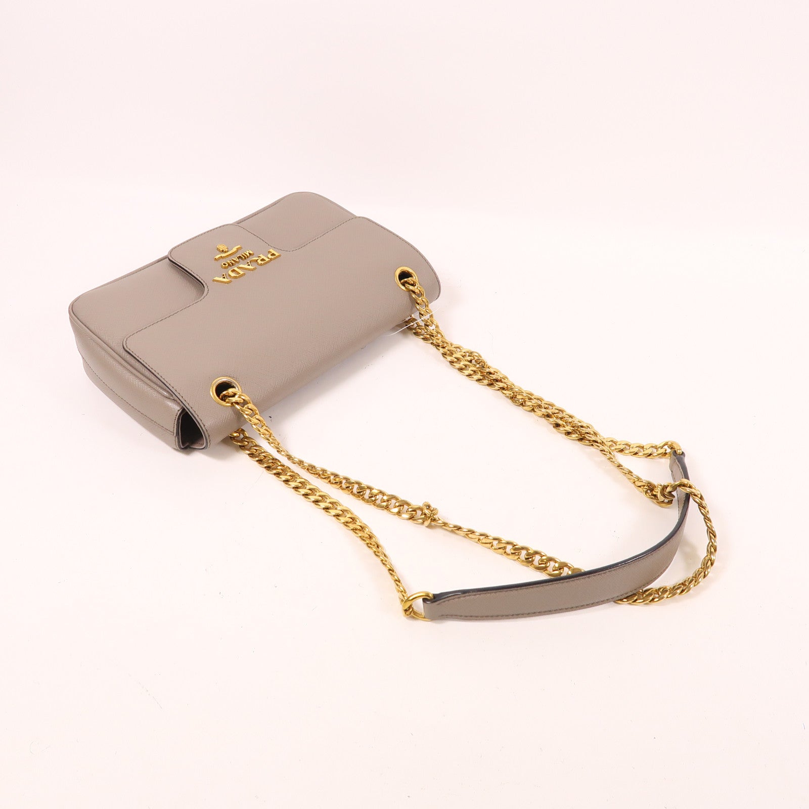 PRADA Saffiano皮革Chain Shoulder金扣鏈帶肩背袋