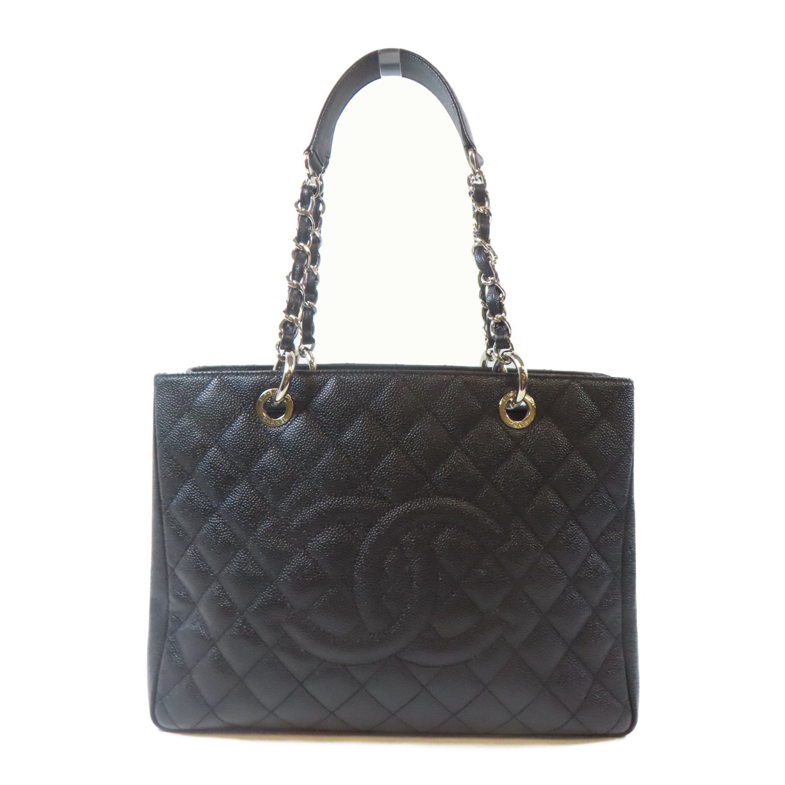 CHANEL 菱格Caviar皮革Grand Shopping Tote銀扣鏈帶肩背袋黑色