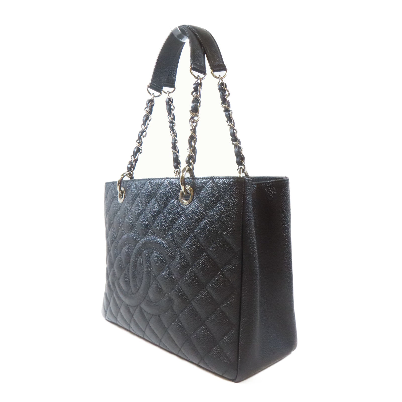 CHANEL 菱格Caviar皮革Grand Shopping Tote銀扣鏈帶肩背袋黑色