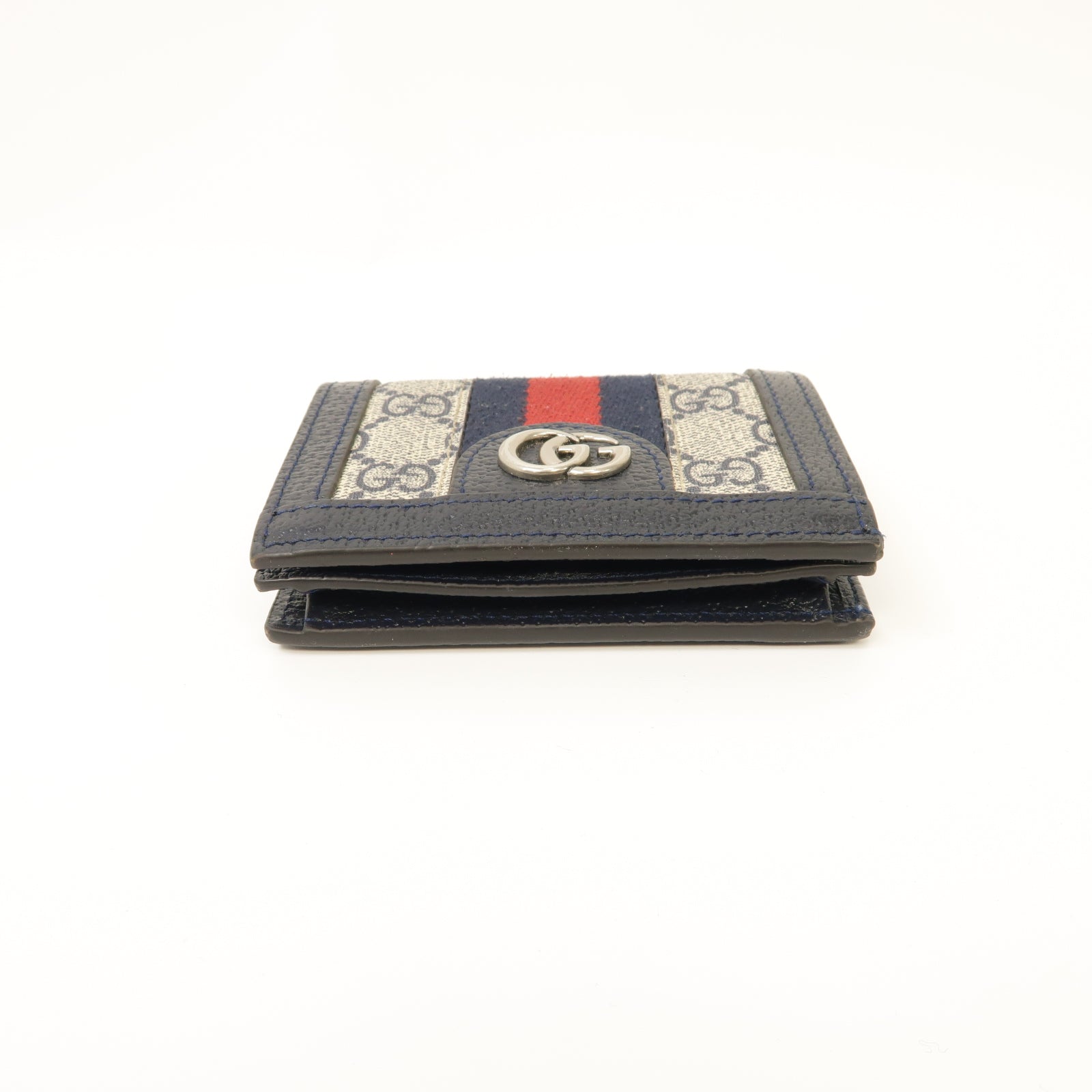 GUCCI 塗層帆布/皮革GG Supreme Ophidia Card Case Wallet銀扣錢包米色/深藍色