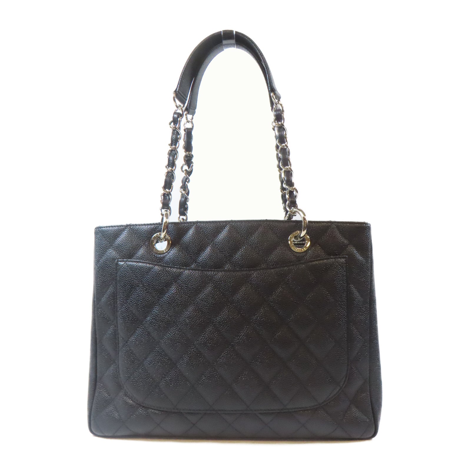 CHANEL 菱格Caviar皮革Grand Shopping Tote銀扣鏈帶肩背袋黑色