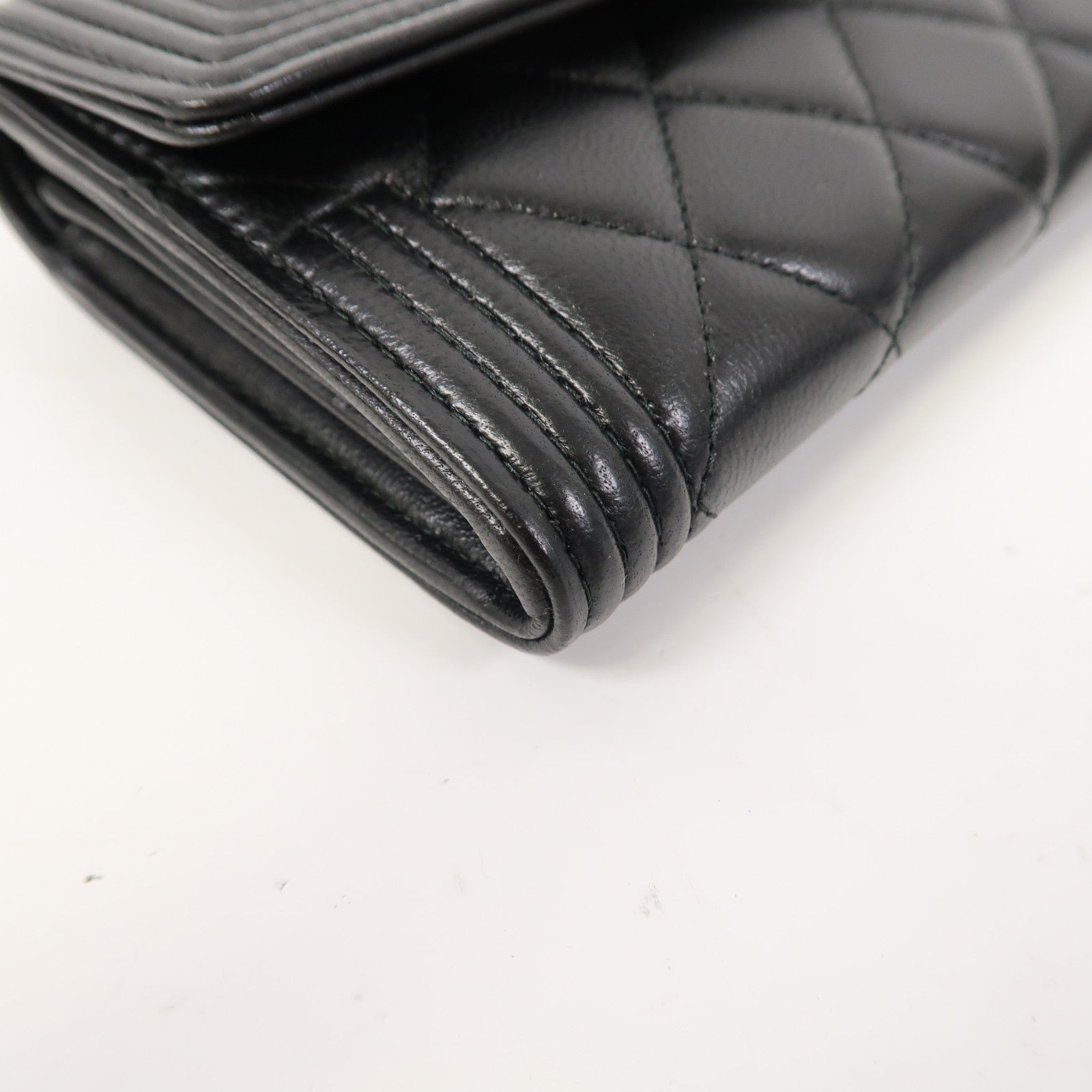 CHANEL 菱格羊皮皮革Boy Long Wallet金扣長錢包黑色