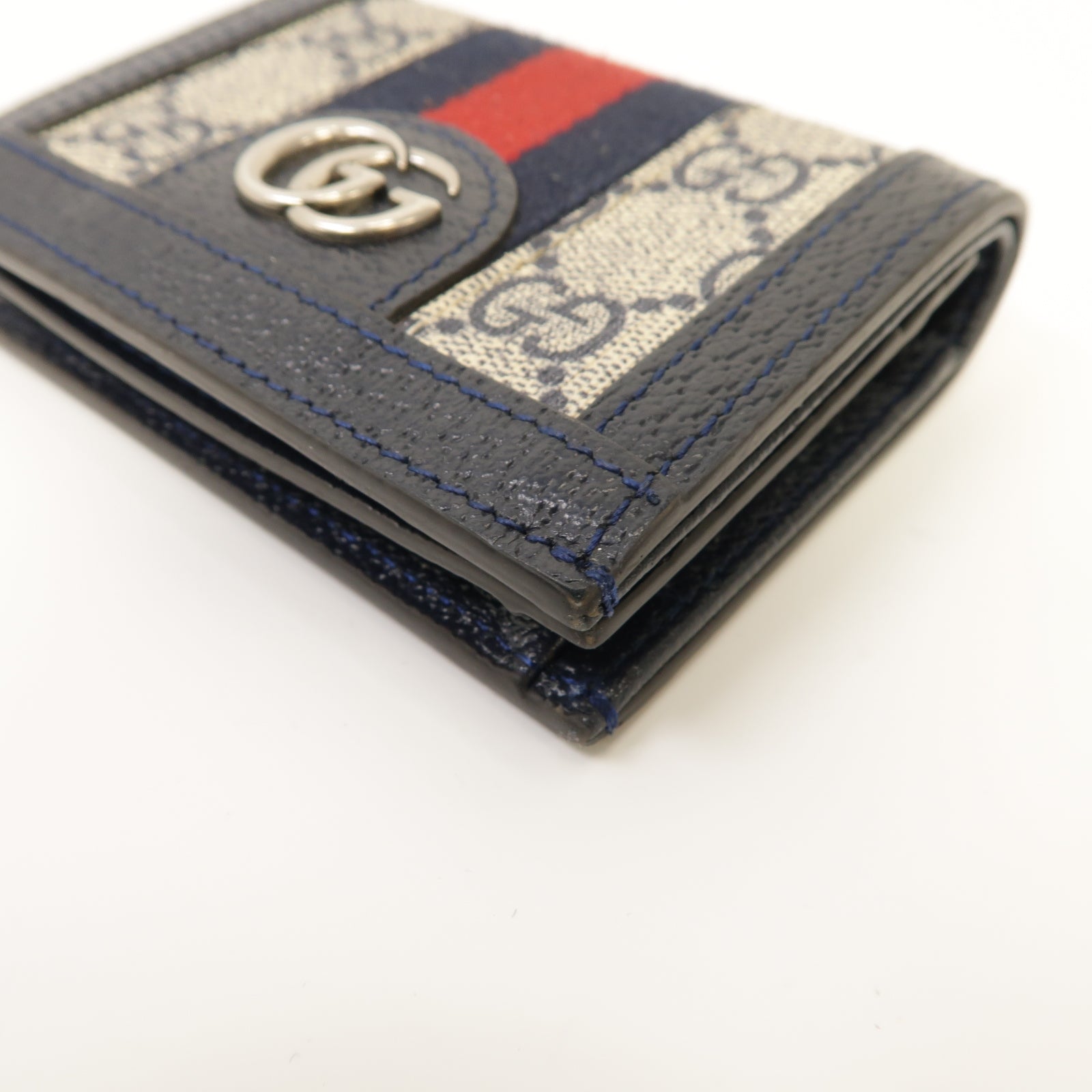 GUCCI 塗層帆布/皮革GG Supreme Ophidia Card Case Wallet銀扣錢包米色/深藍色