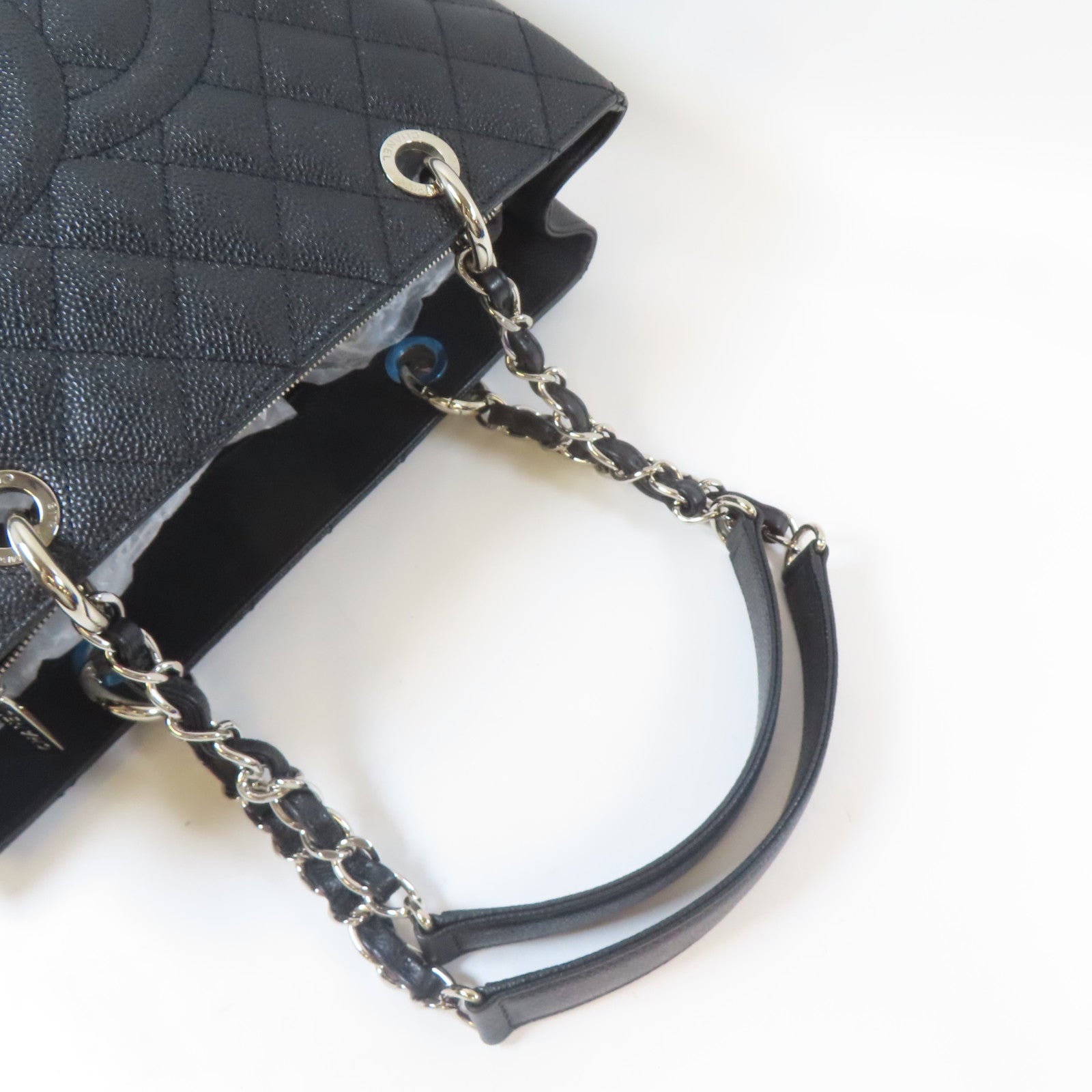 CHANEL 菱格Caviar皮革Grand Shopping Tote銀扣鏈帶肩背袋黑色