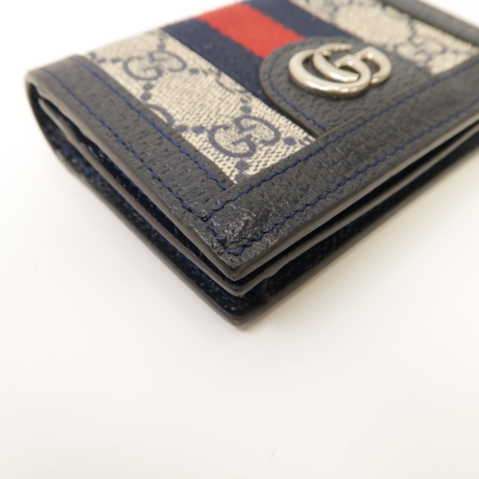GUCCI 塗層帆布/皮革GG Supreme Ophidia Card Case Wallet銀扣錢包米色/深藍色