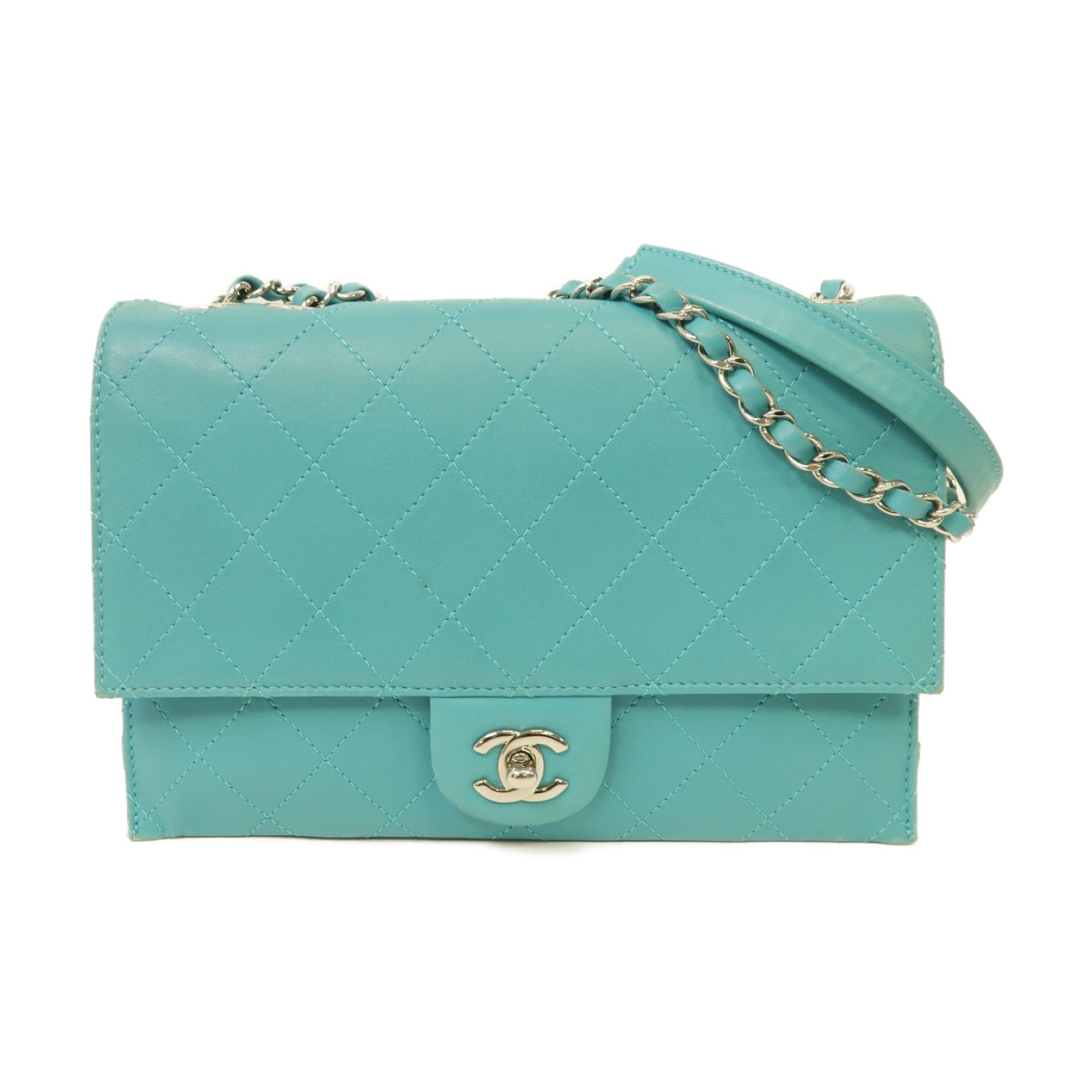 CHANEL 菱格牛皮皮革Chain Shoulder Bag銀扣鏈帶肩背袋淺藍色