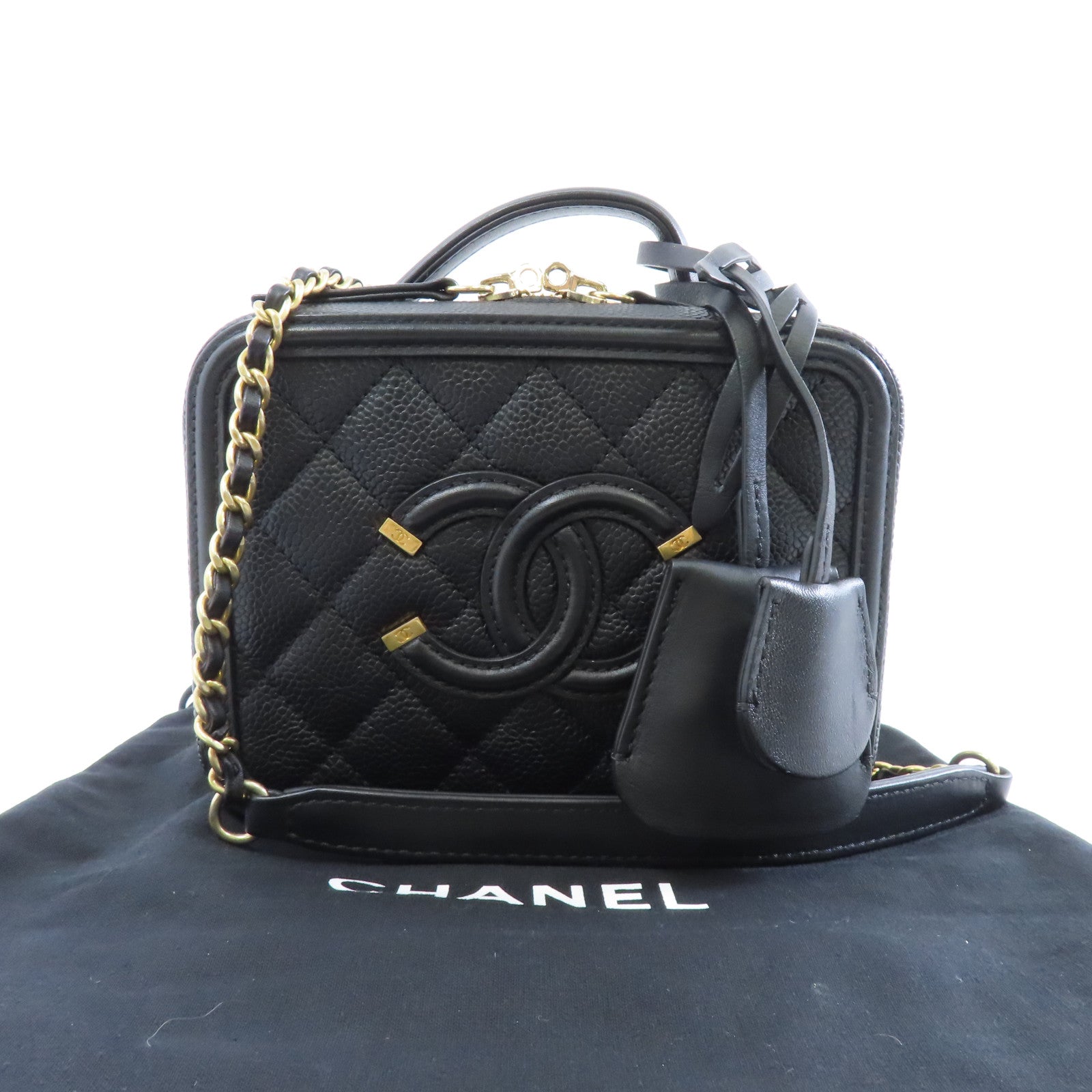 CHANEL 菱格Caviar皮革Vanity Case Small金扣手挽肩背兩用袋黑色