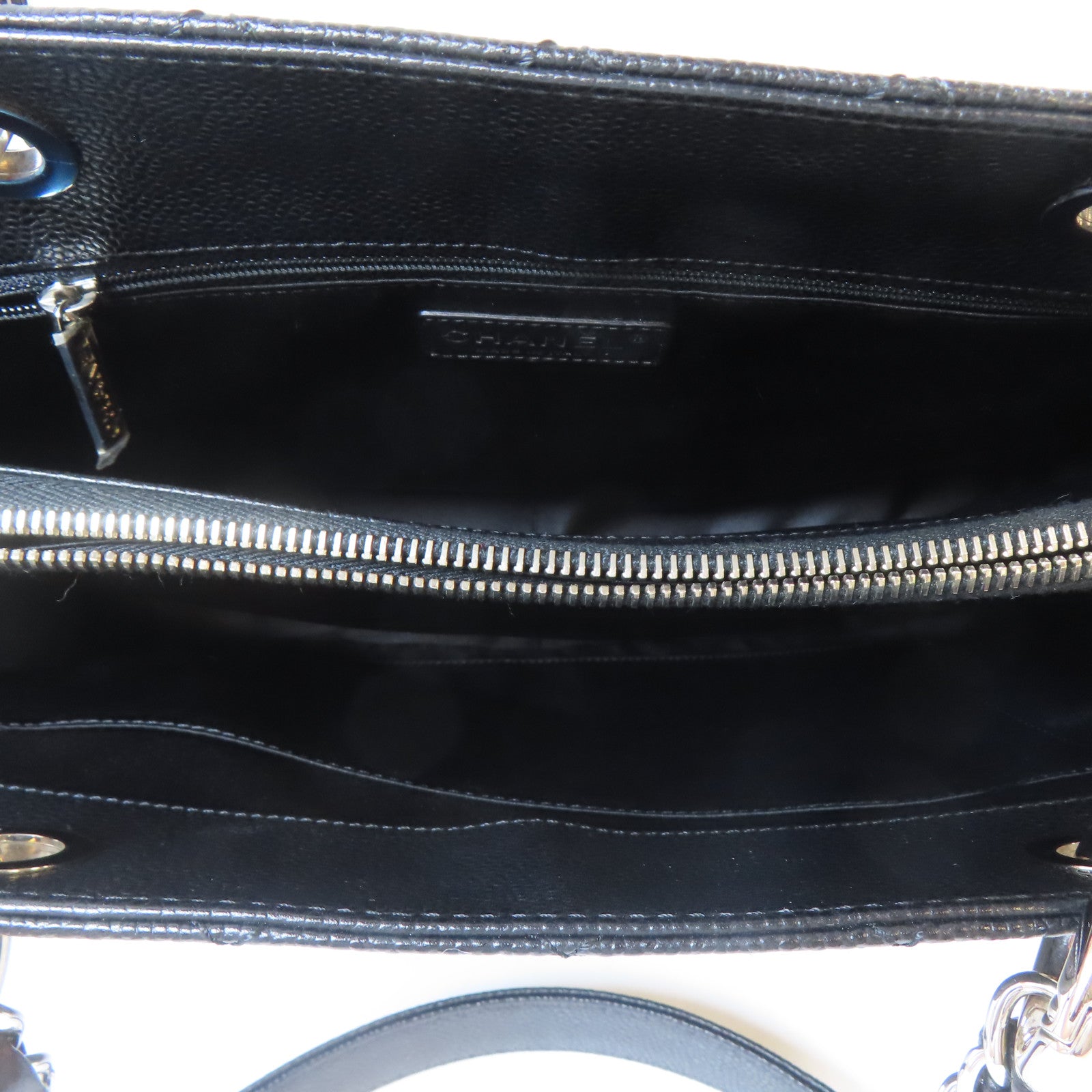 CHANEL 菱格Caviar皮革Grand Shopping Tote銀扣鏈帶肩背袋黑色
