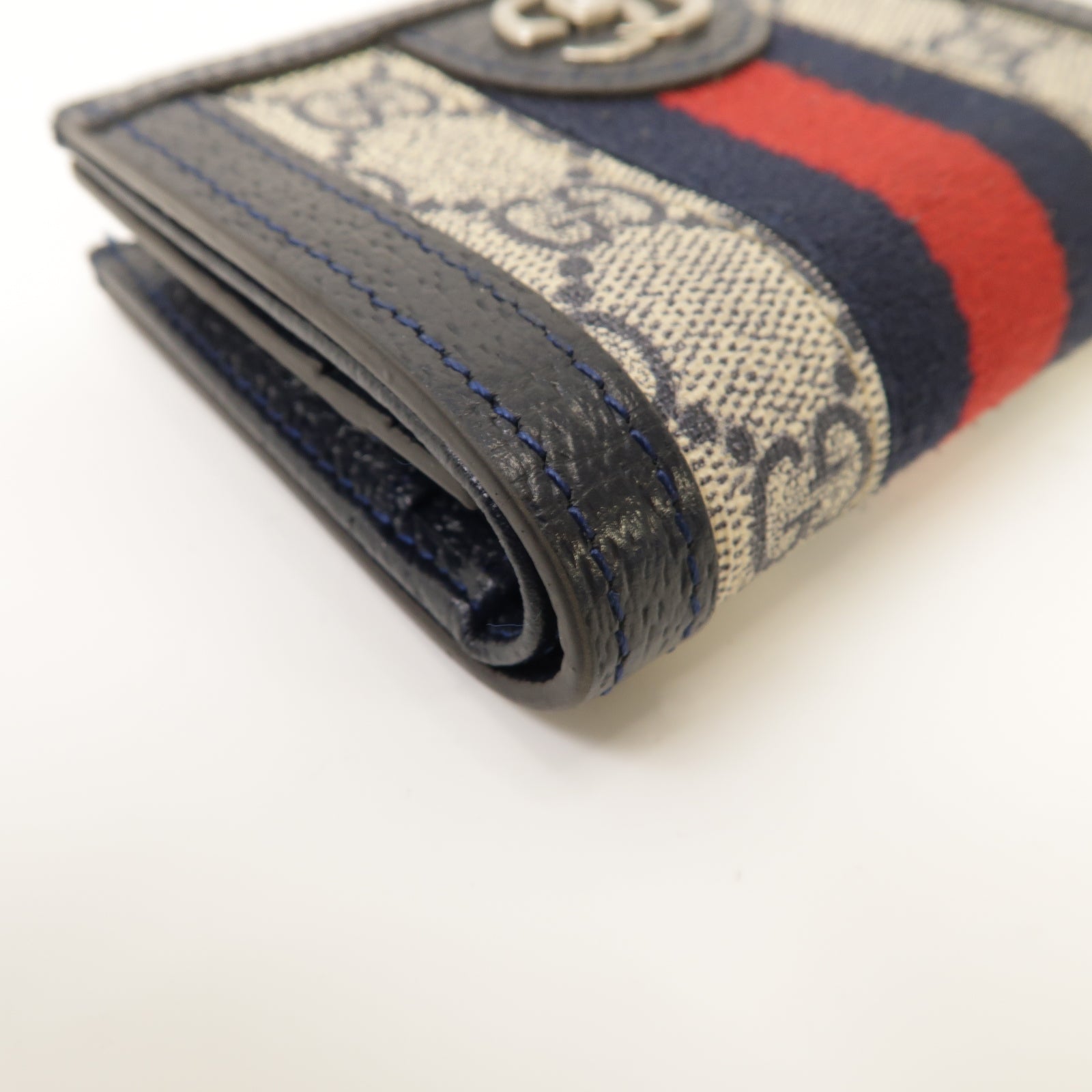 GUCCI 塗層帆布/皮革GG Supreme Ophidia Card Case Wallet銀扣錢包米色/深藍色