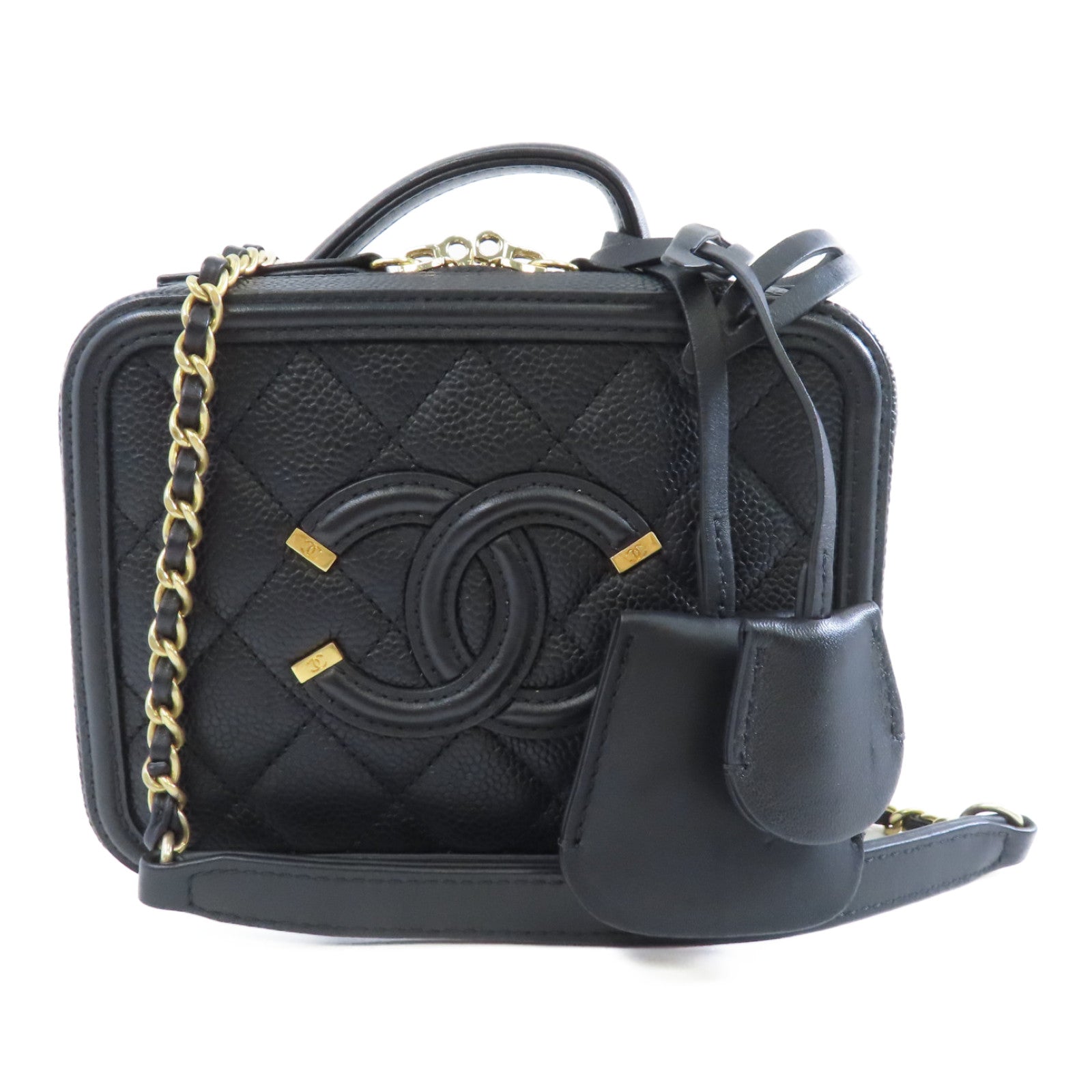CHANEL 菱格Caviar皮革Vanity Case Small金扣手挽肩背兩用袋黑色