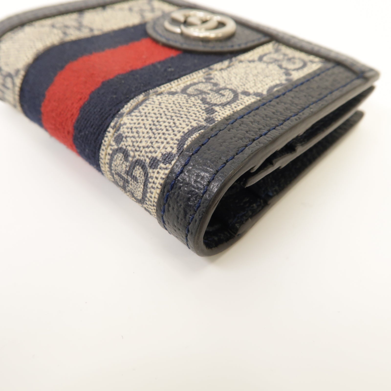 GUCCI 塗層帆布/皮革GG Supreme Ophidia Card Case Wallet銀扣錢包米色/深藍色