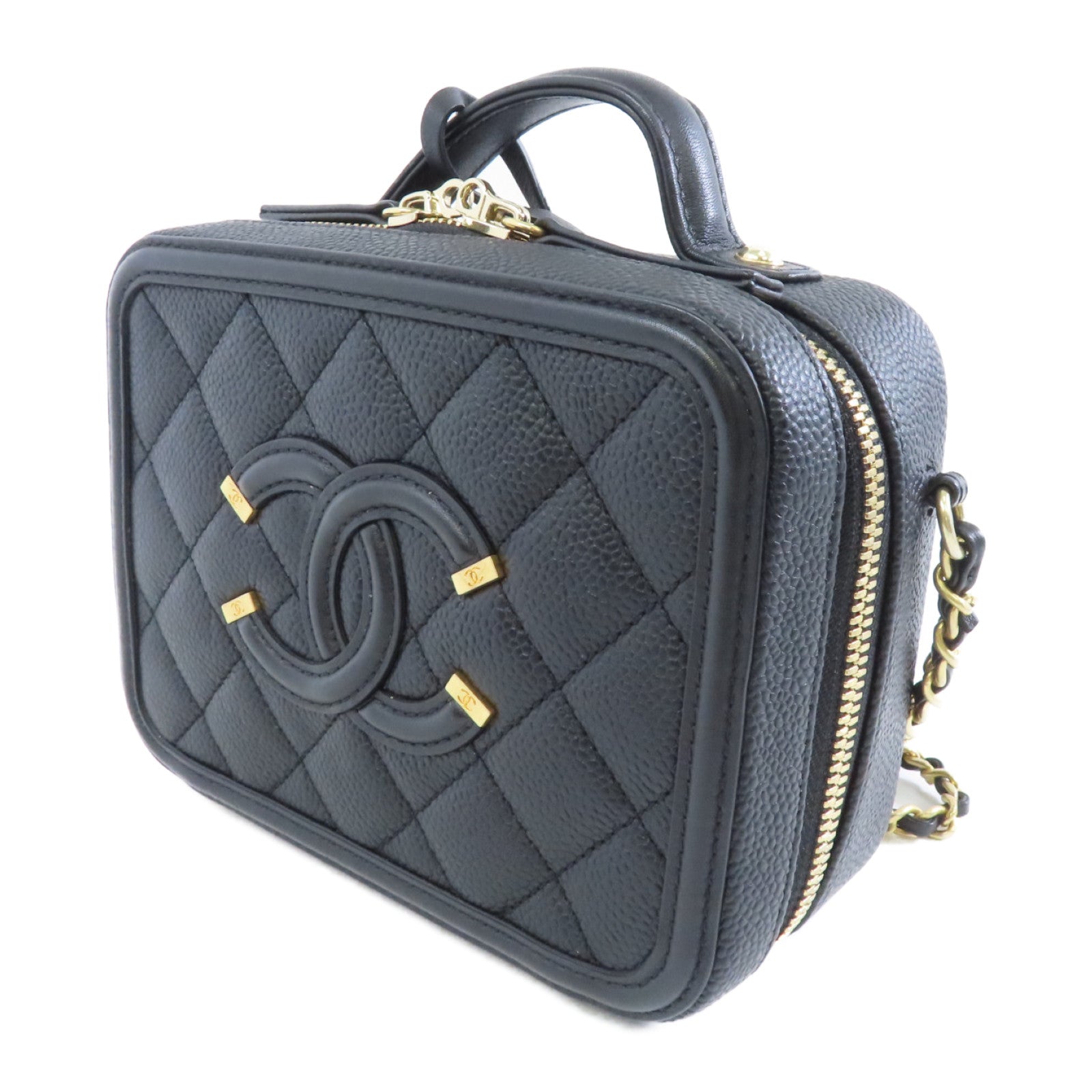 CHANEL 菱格Caviar皮革Vanity Case Small金扣手挽肩背兩用袋黑色