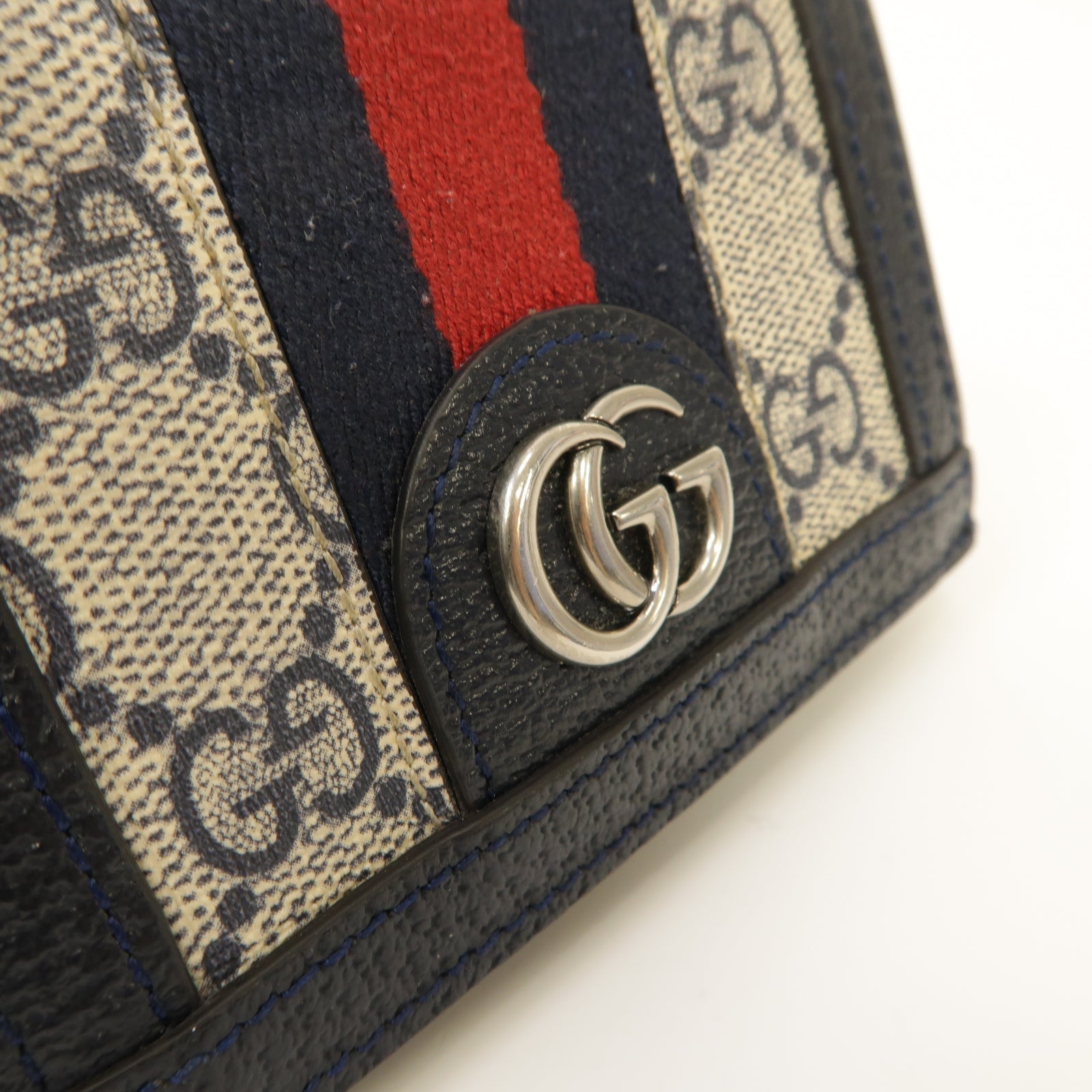 GUCCI 塗層帆布/皮革GG Supreme Ophidia Card Case Wallet銀扣錢包米色/深藍色