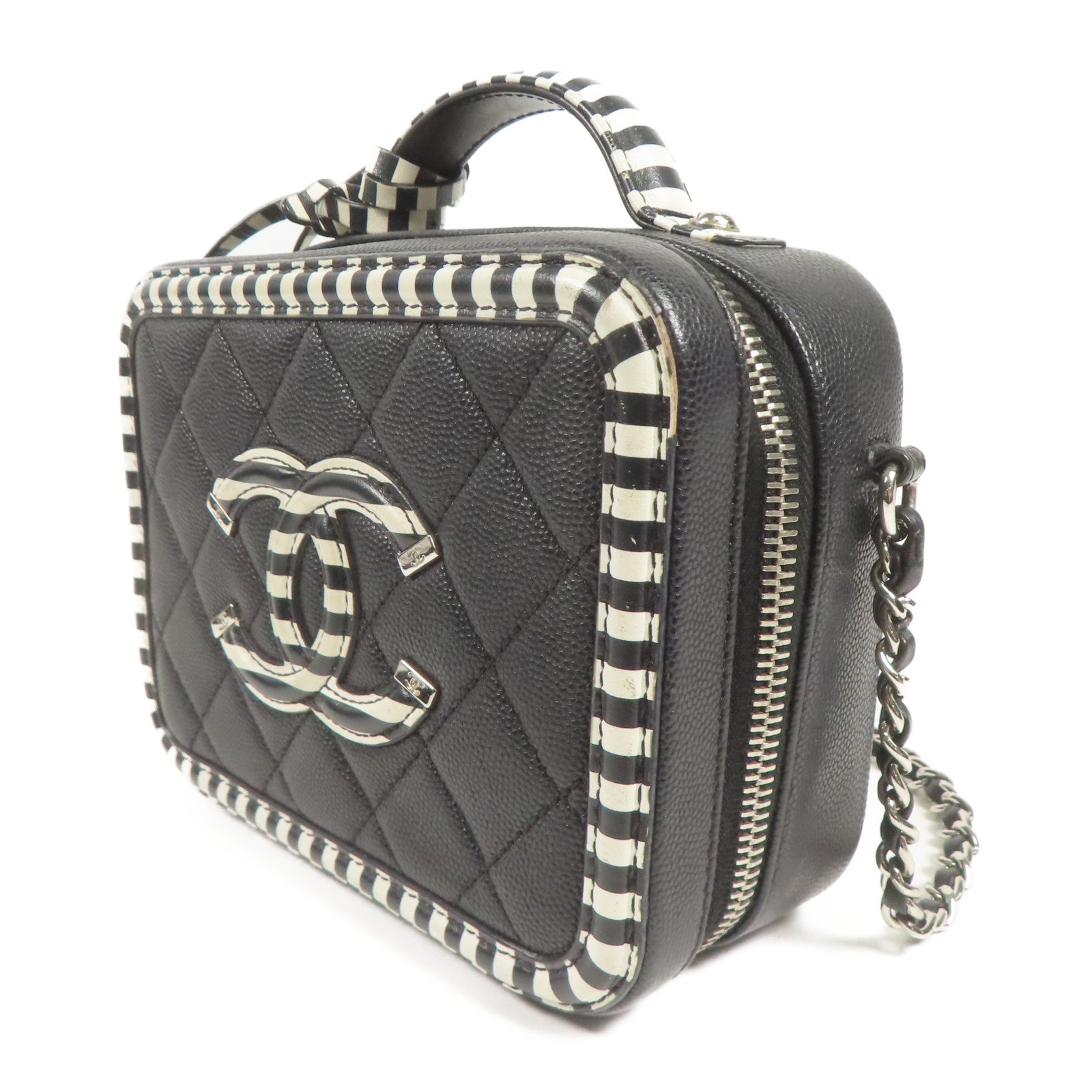 CHANEL 牛皮皮革Vanity Case銀扣鏈帶手挽肩背兩用袋