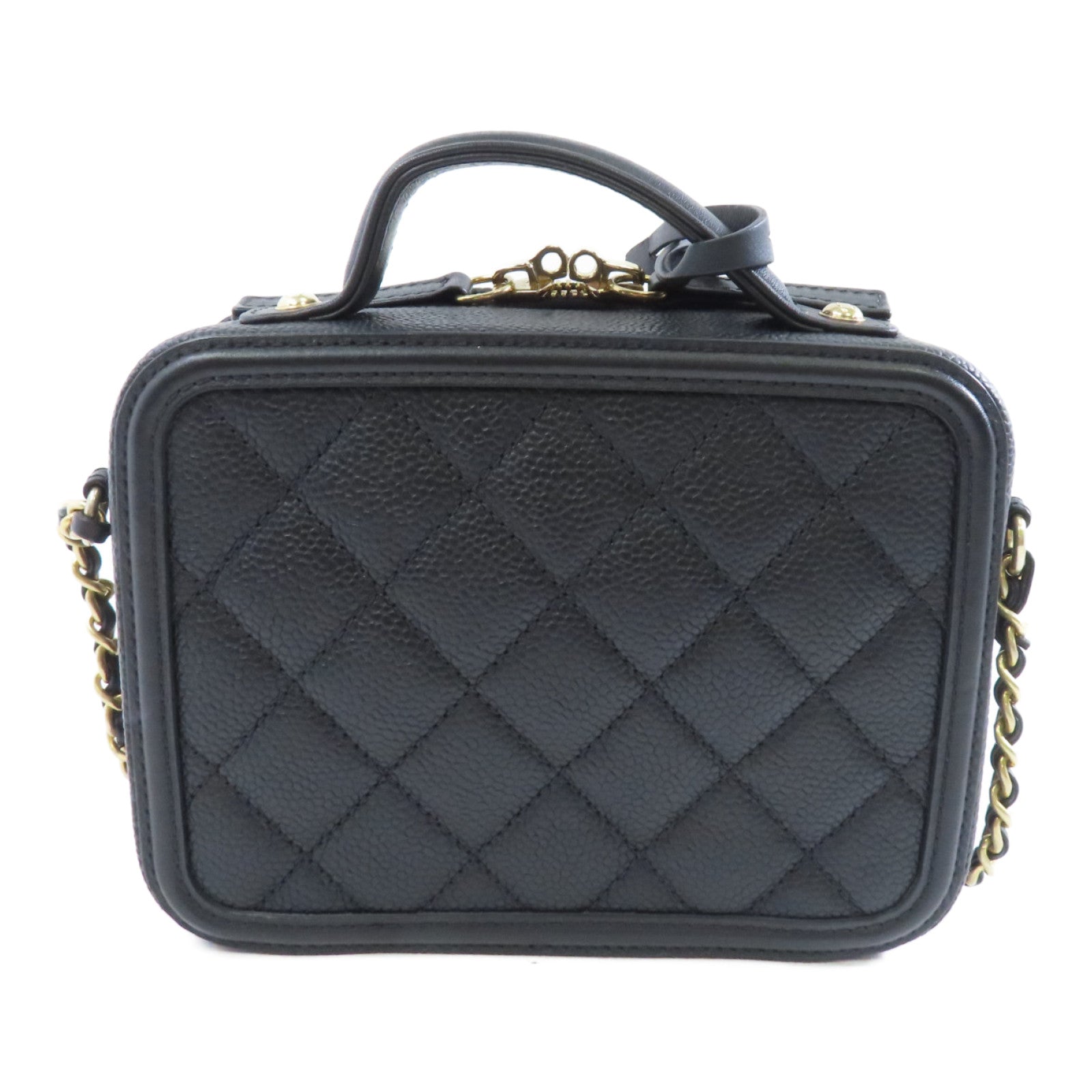 CHANEL 菱格Caviar皮革Vanity Case Small金扣手挽肩背兩用袋黑色