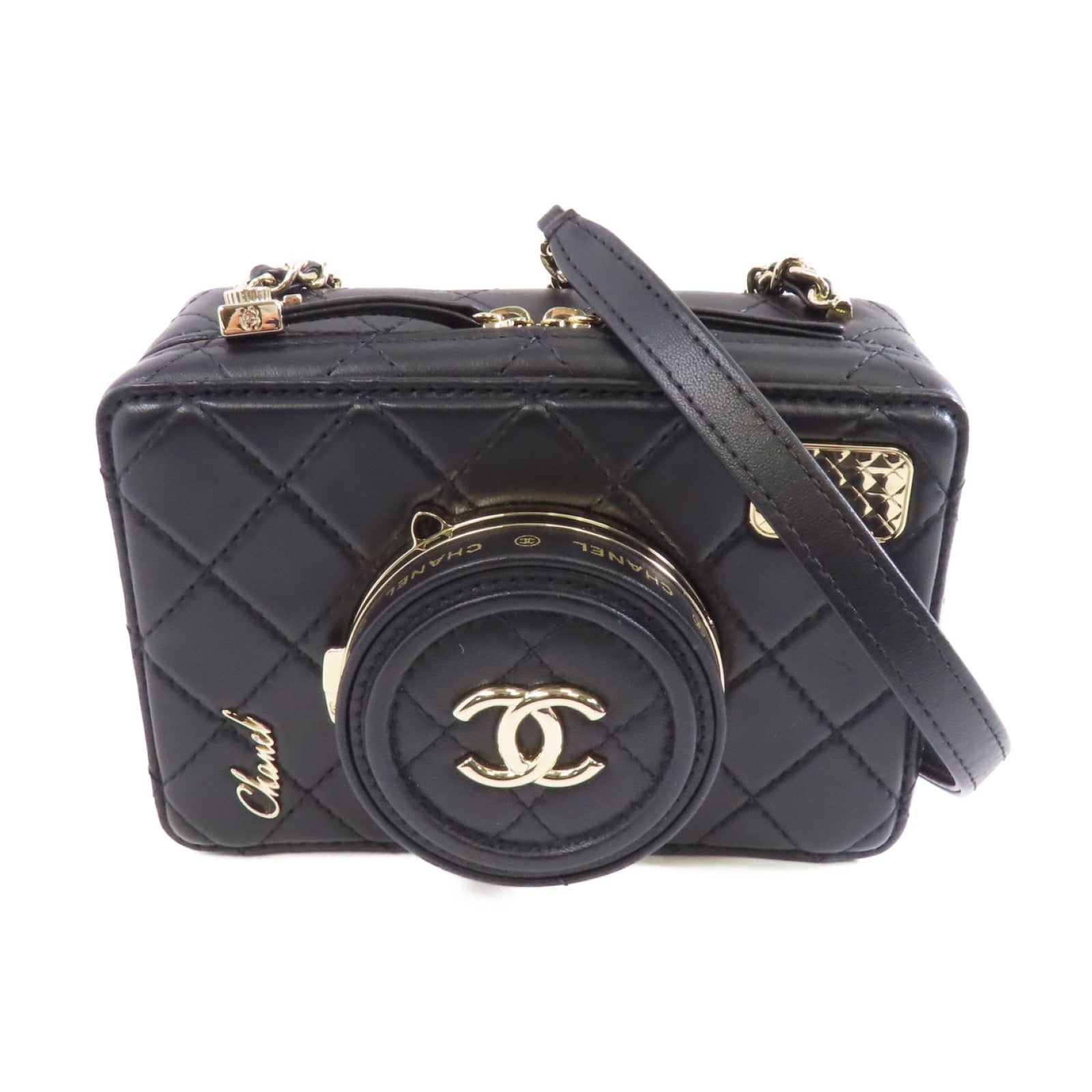CHANEL 菱格羊皮皮革Camera Bag金扣鏈帶肩背袋黑色