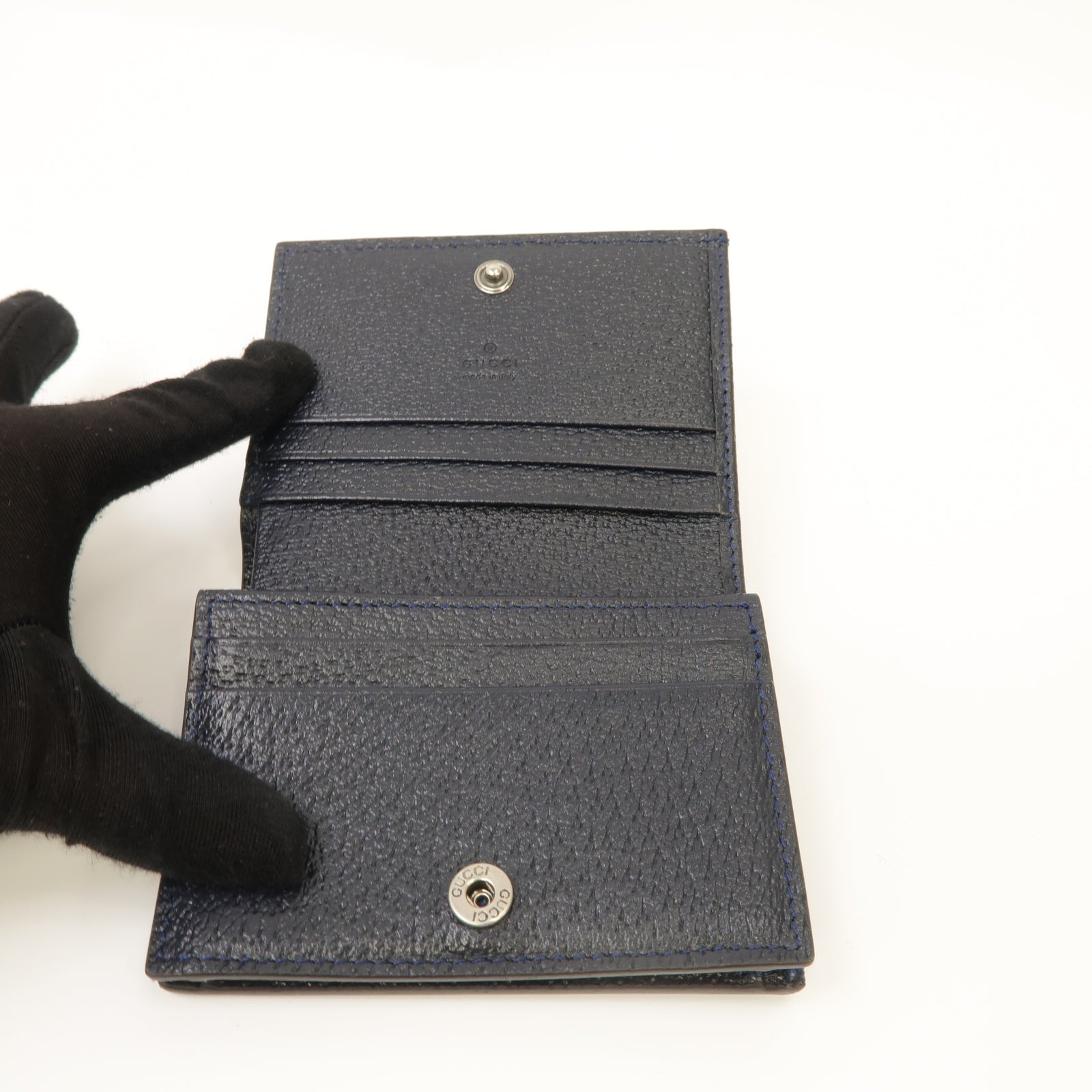 GUCCI 塗層帆布/皮革GG Supreme Ophidia Card Case Wallet銀扣錢包米色/深藍色