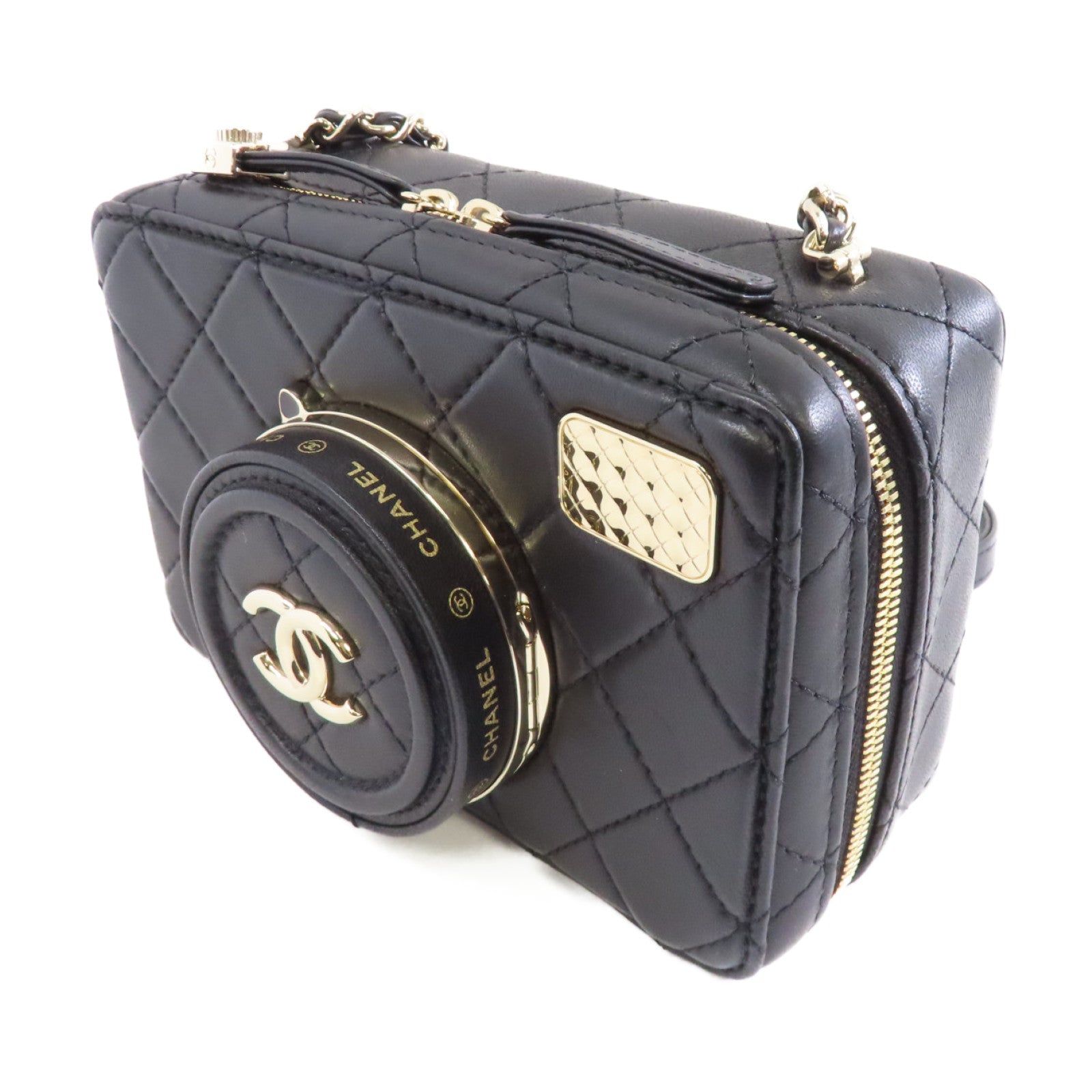 CHANEL 菱格羊皮皮革Camera Bag金扣鏈帶肩背袋黑色