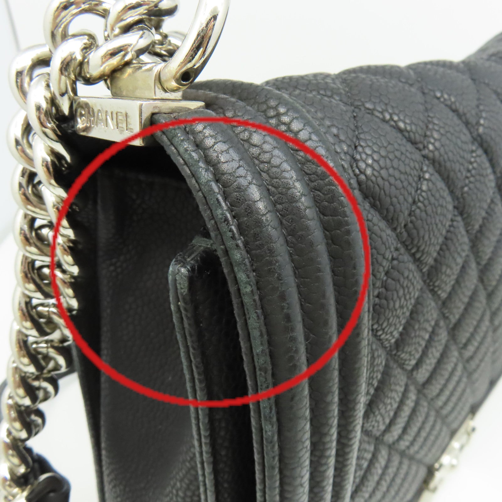 CHANEL 【清倉大減價】菱格Caviar皮革Boy Chanel Chain Shoulder Bag銀扣鏈帶肩背袋黑色