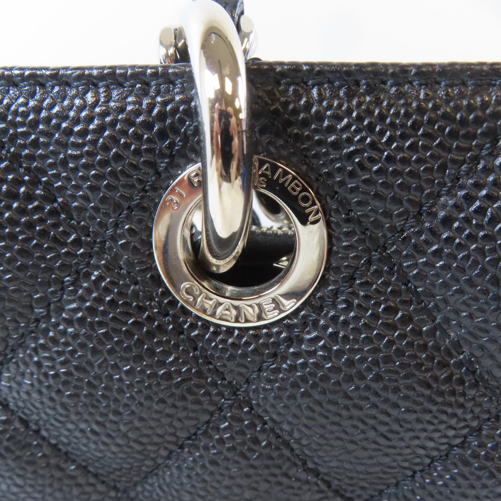 CHANEL 菱格Caviar皮革Grand Shopping Tote銀扣鏈帶肩背袋黑色