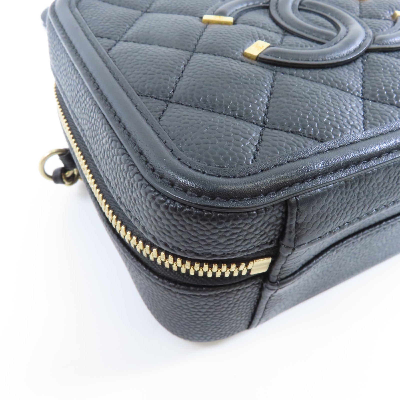 CHANEL 菱格Caviar皮革Vanity Case Small金扣手挽肩背兩用袋黑色