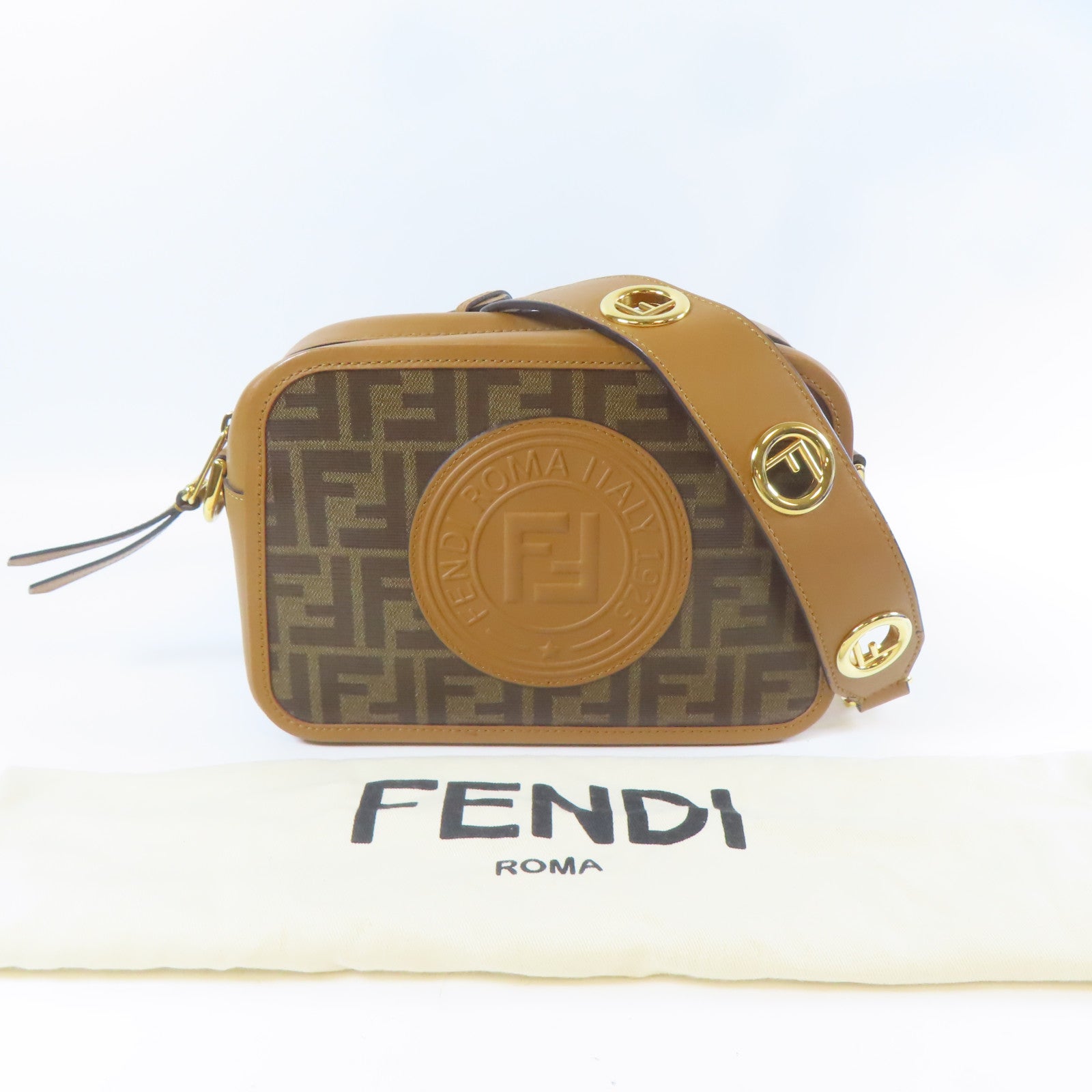 FENDI 牛皮皮革/塗層帆布Shoulder Bag金扣肩背袋啡色