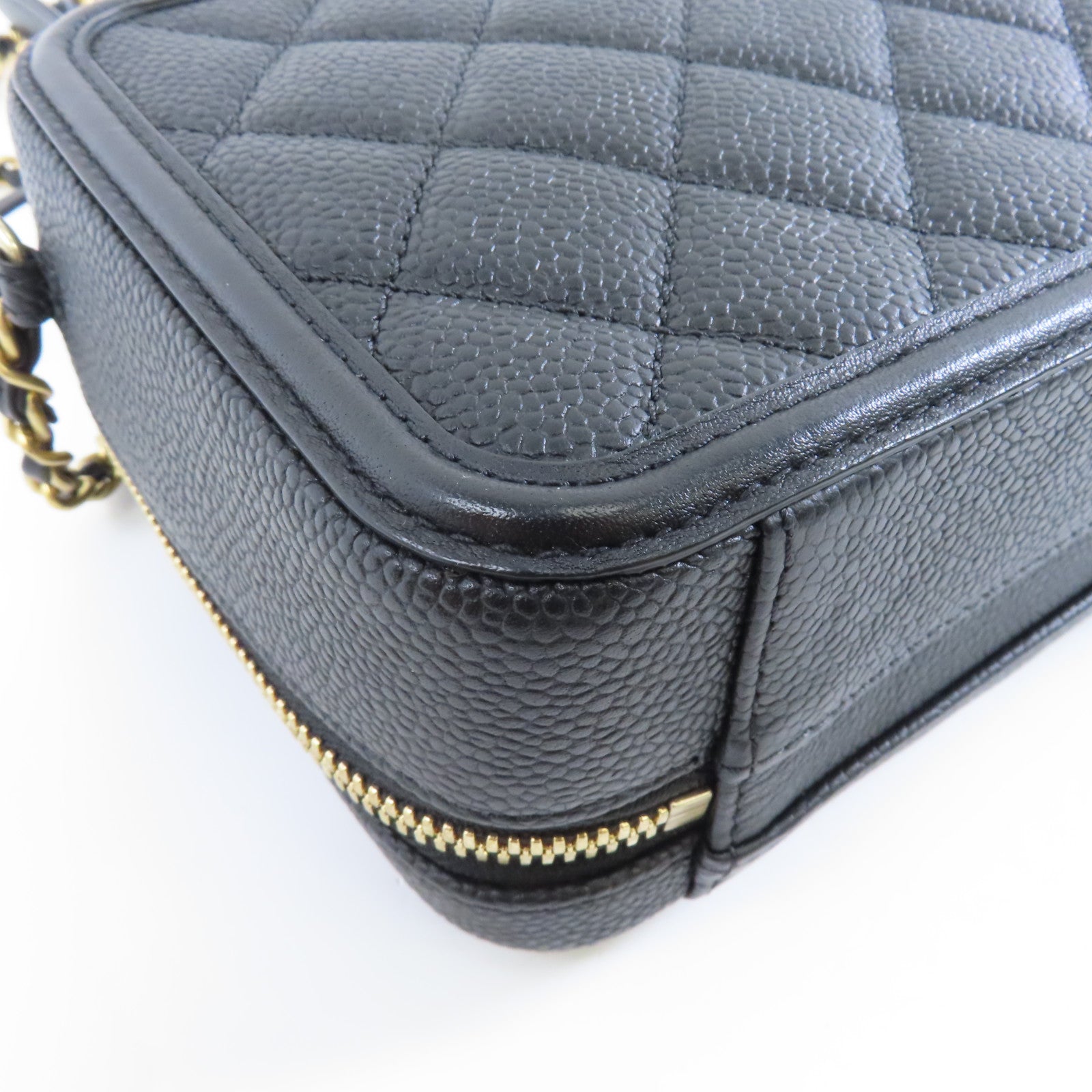 CHANEL 菱格Caviar皮革Vanity Case Small金扣手挽肩背兩用袋黑色