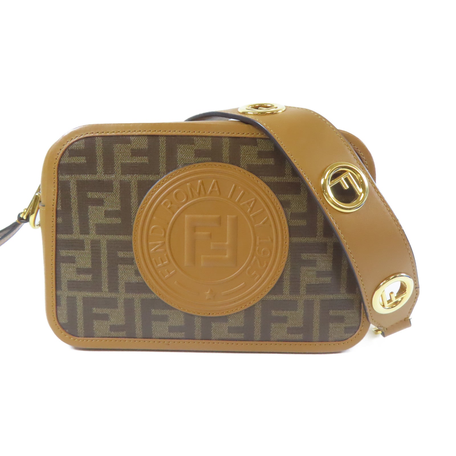 FENDI 牛皮皮革/塗層帆布Shoulder Bag金扣肩背袋啡色