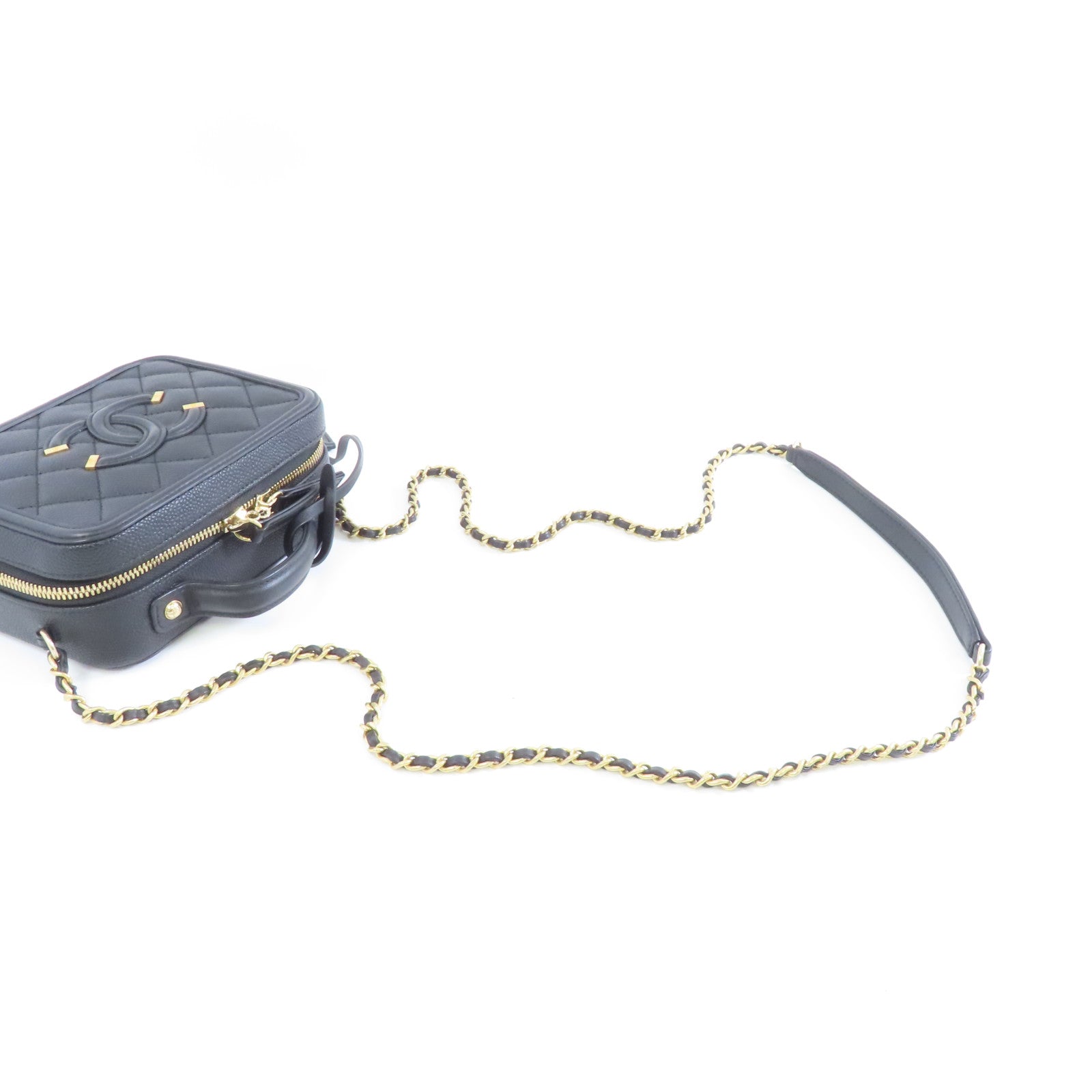 CHANEL 菱格Caviar皮革Vanity Case Small金扣手挽肩背兩用袋黑色