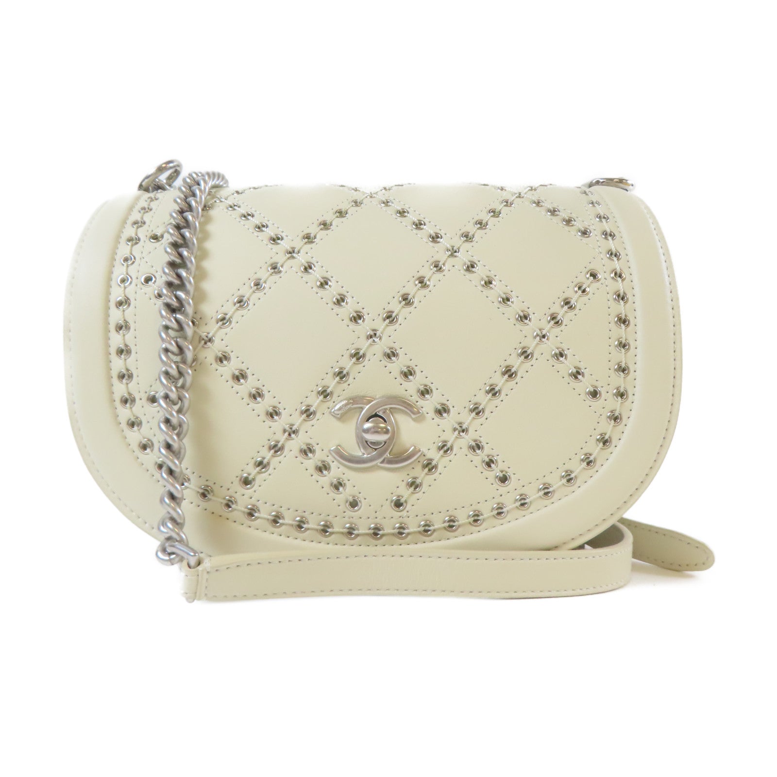 CHANEL 【激減優惠】菱格牛皮皮革Chain Shoulder銀扣鏈帶肩背袋白色