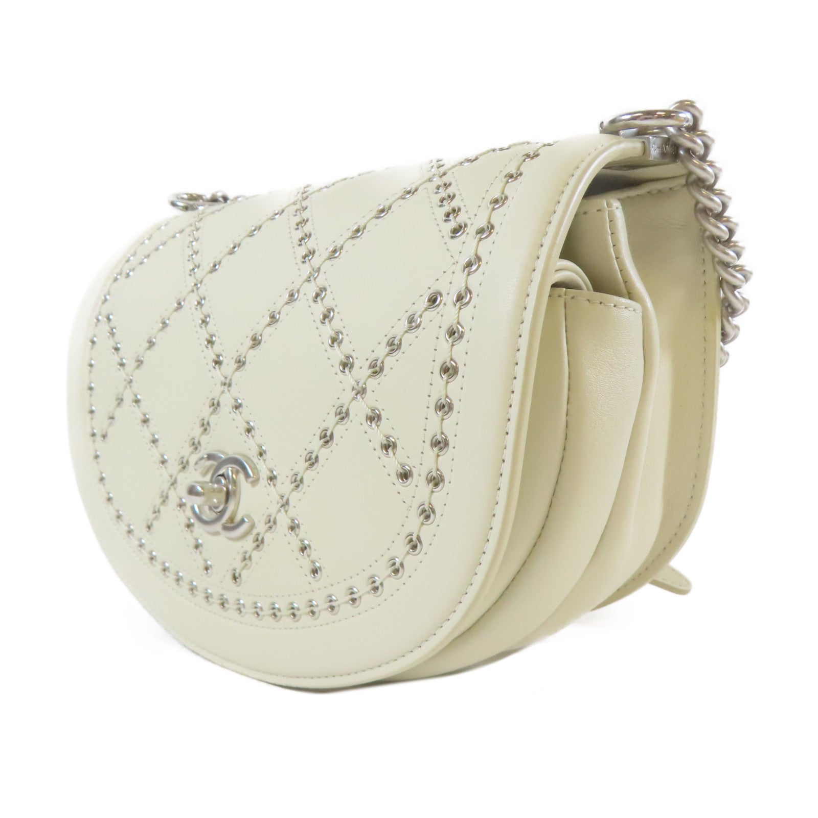 CHANEL 【激減優惠】菱格牛皮皮革Chain Shoulder銀扣鏈帶肩背袋白色