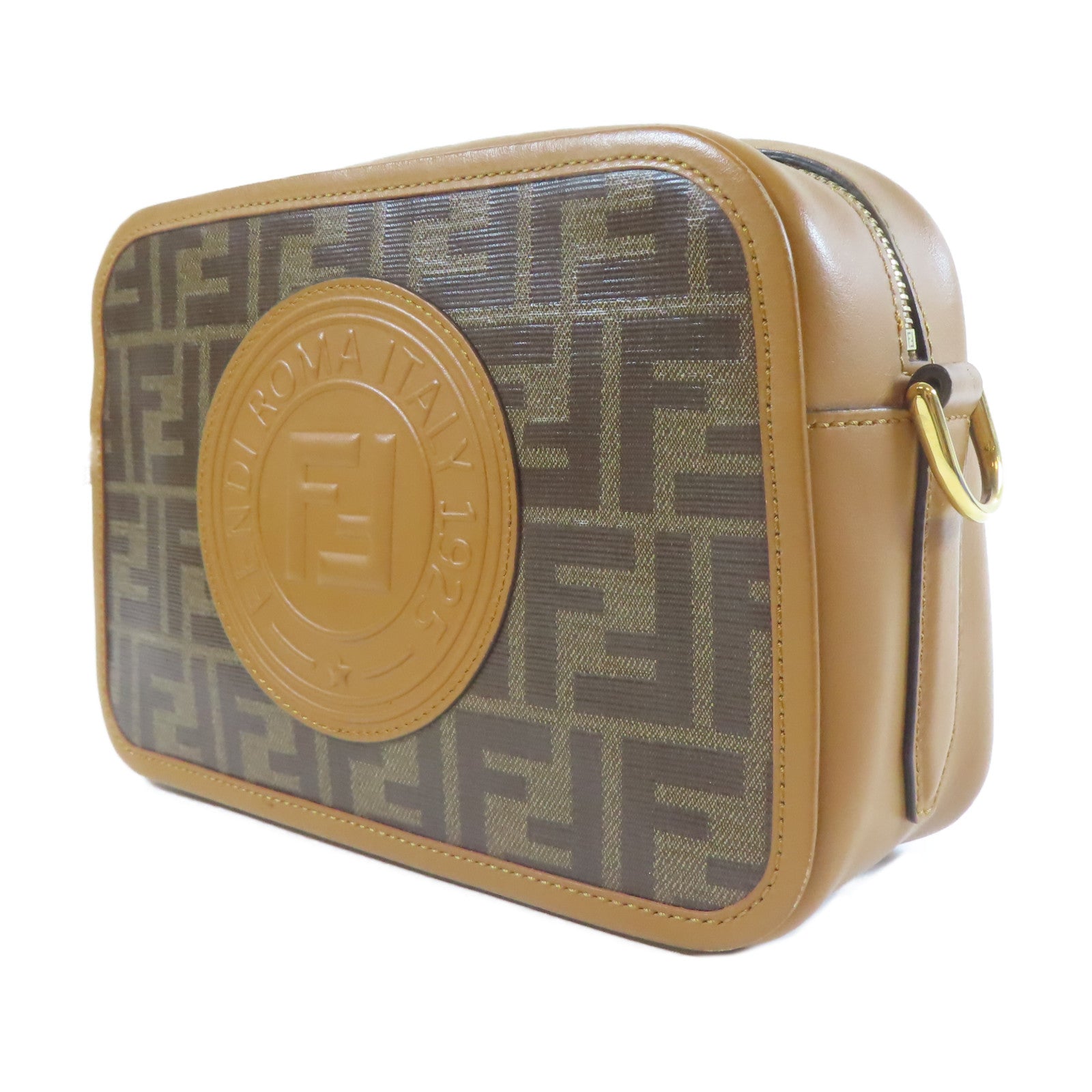 FENDI 牛皮皮革/塗層帆布Shoulder Bag金扣肩背袋啡色