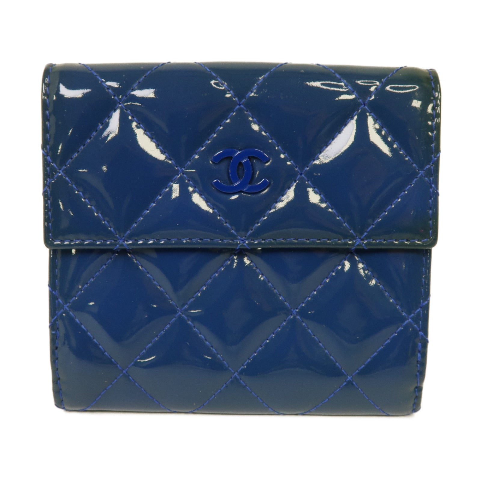 CHANEL 【激減優惠】菱格漆皮皮革Wallet銀扣錢包藍色