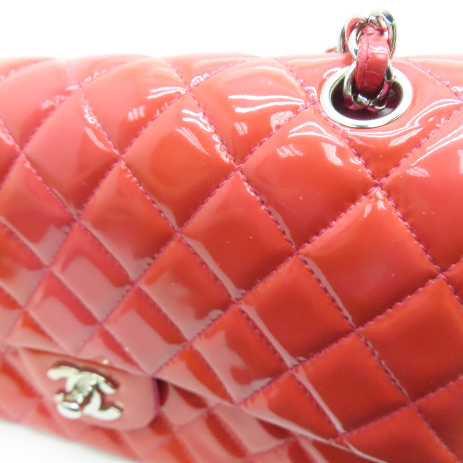 CHANEL 菱格漆皮皮革Chain Shoulder銀扣鏈帶肩背袋粉紅色