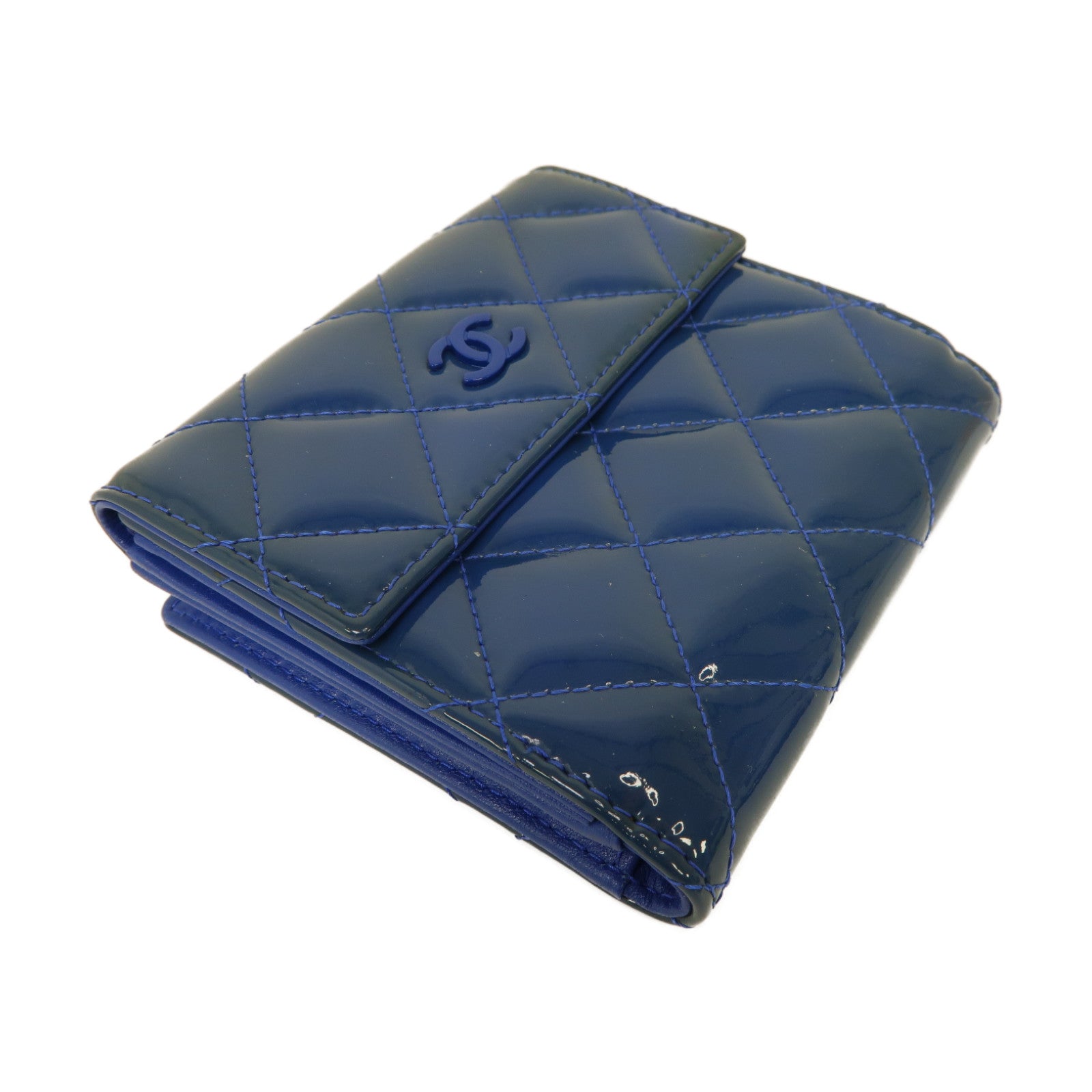 CHANEL 【激減優惠】菱格漆皮皮革Wallet銀扣錢包藍色