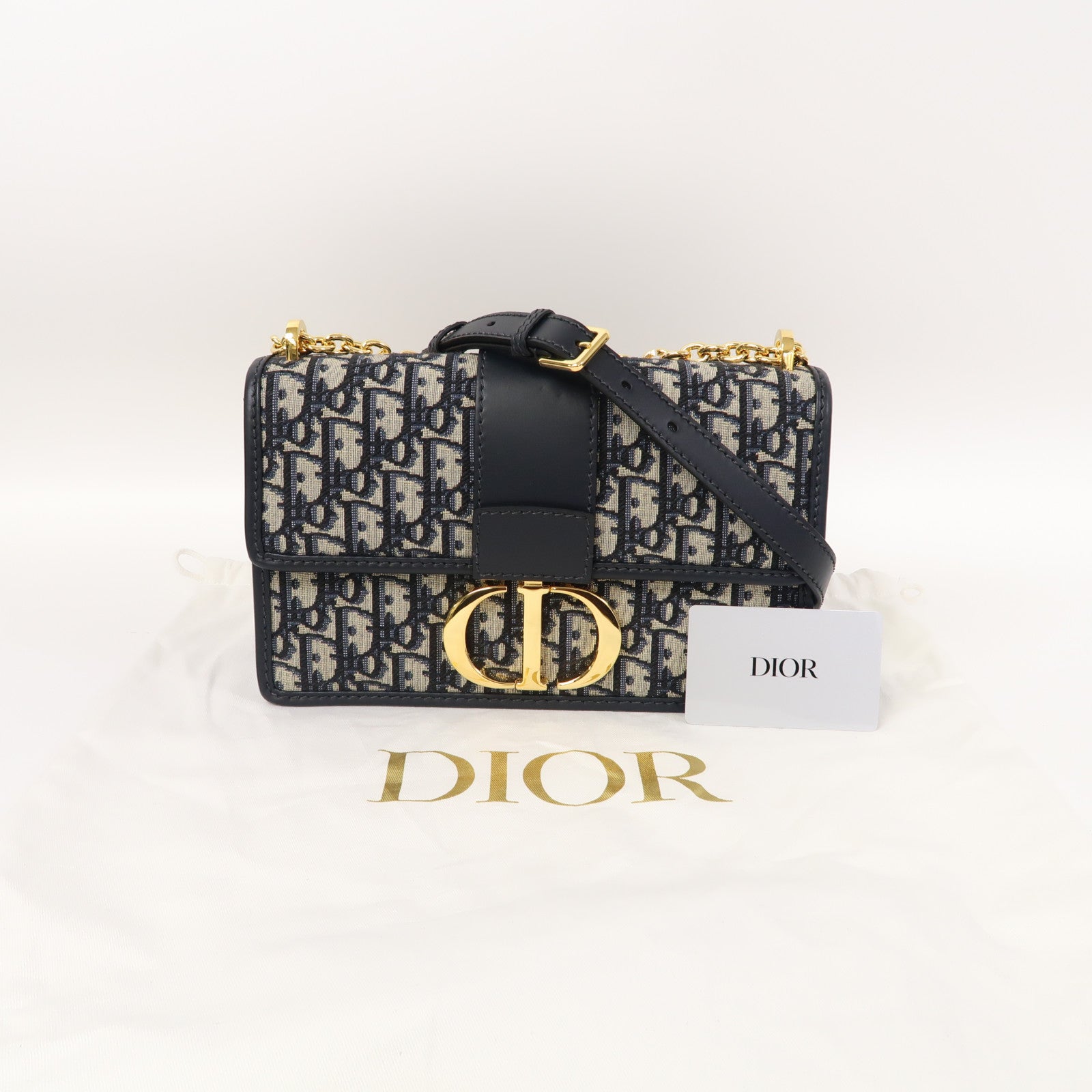 Dior Oblique帆布30 Montaigne金扣鏈帶肩背袋深藍色