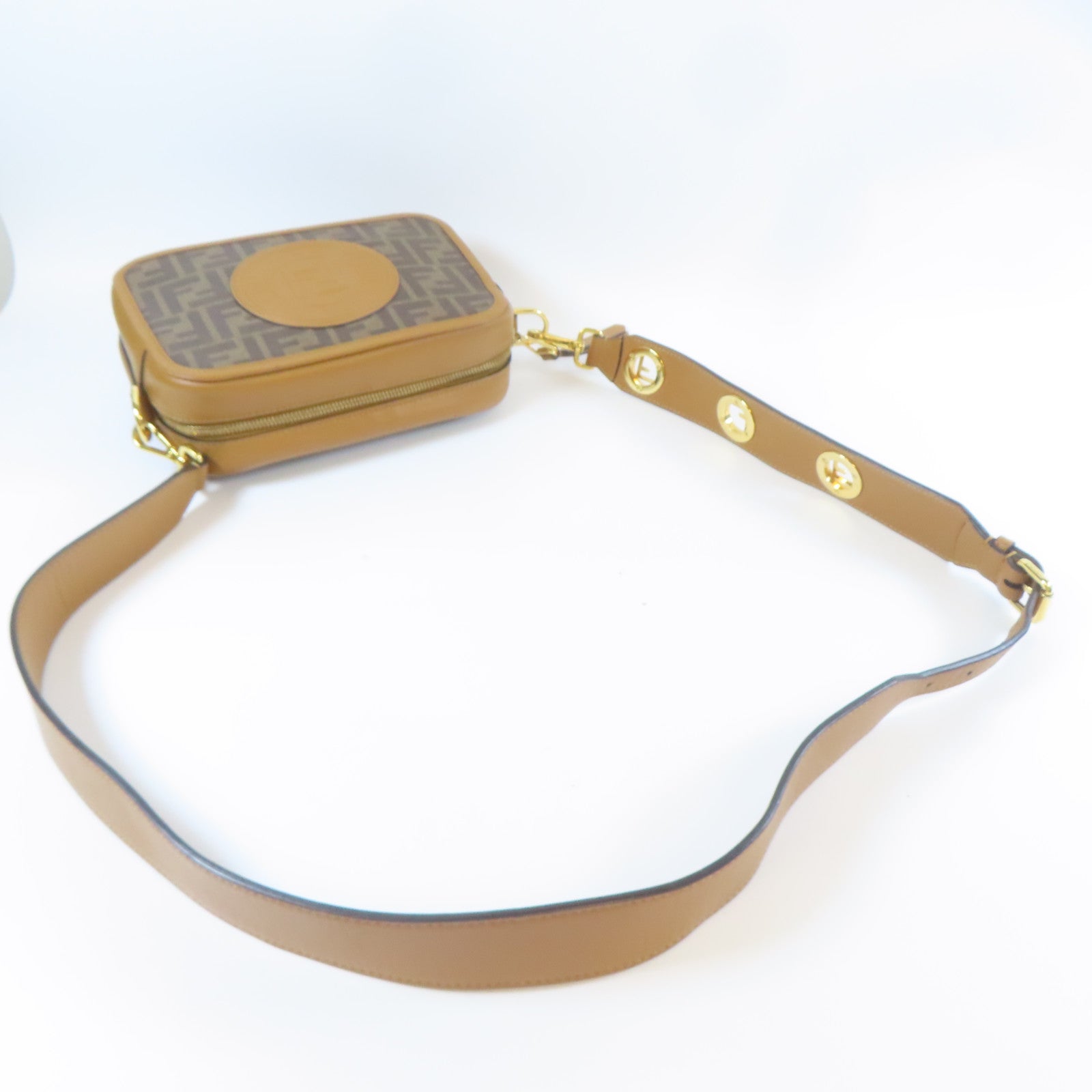 FENDI 牛皮皮革/塗層帆布Shoulder Bag金扣肩背袋啡色