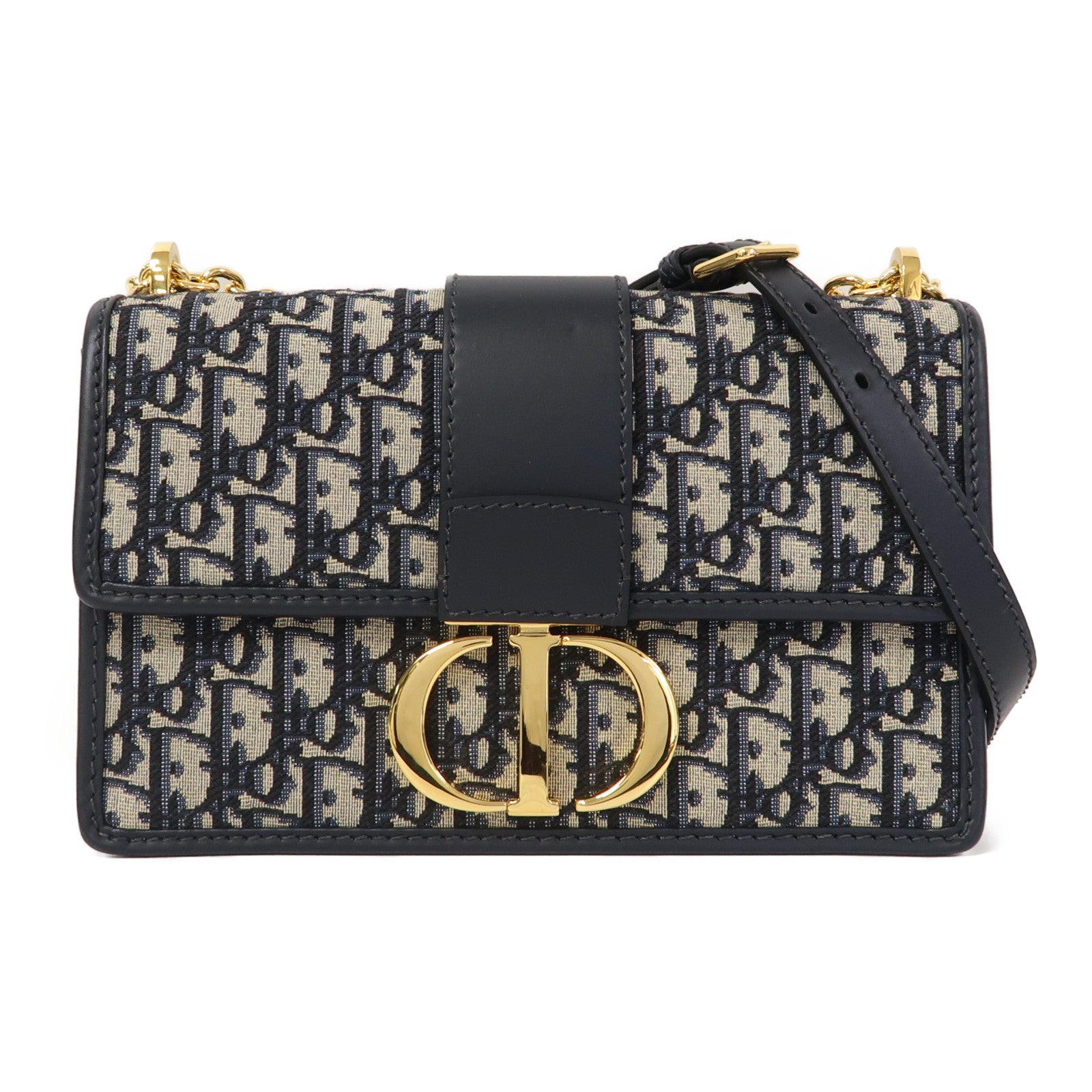 Dior Oblique帆布30 Montaigne金扣鏈帶肩背袋深藍色