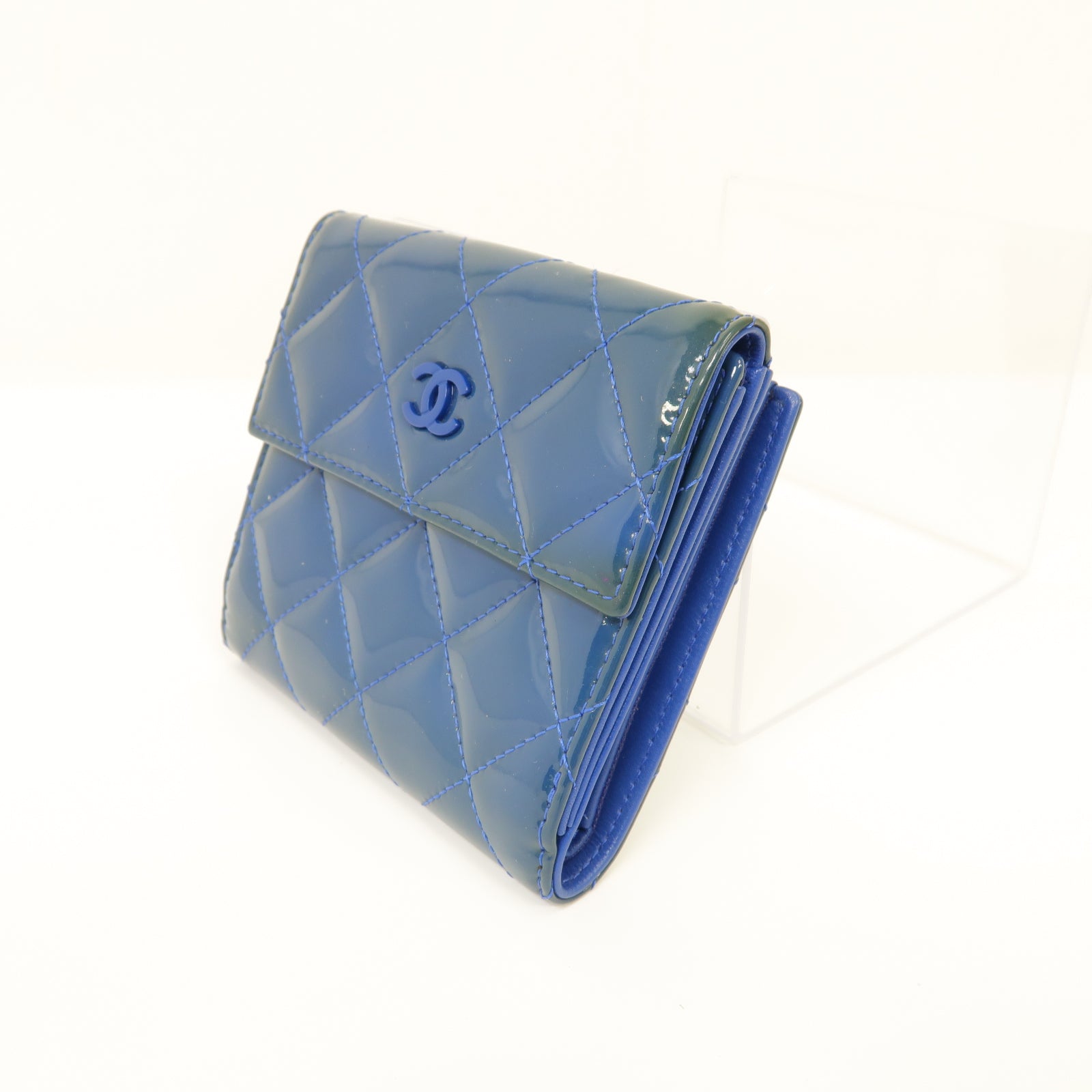 CHANEL 【激減優惠】菱格漆皮皮革Wallet銀扣錢包藍色