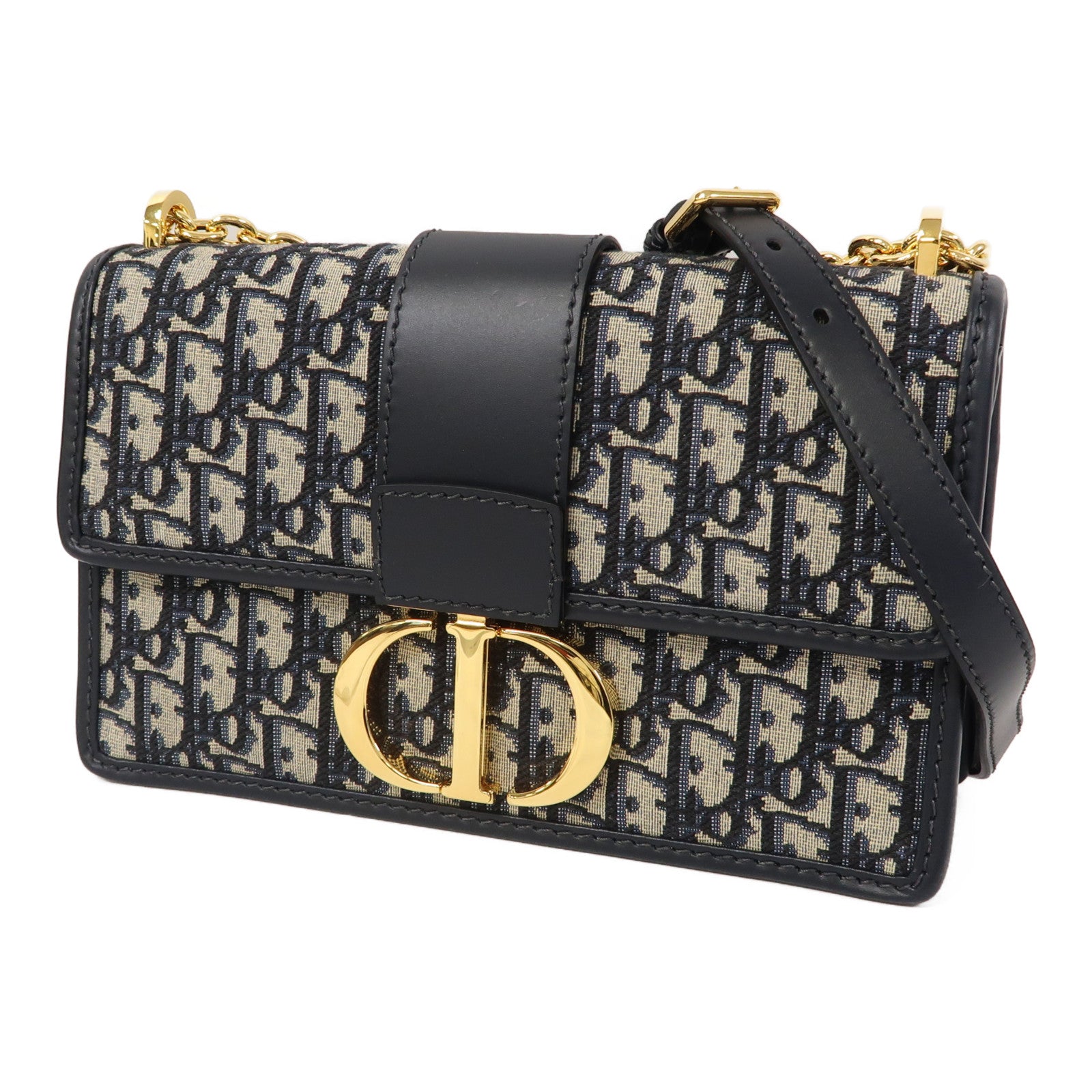 Dior Oblique帆布30 Montaigne金扣鏈帶肩背袋深藍色