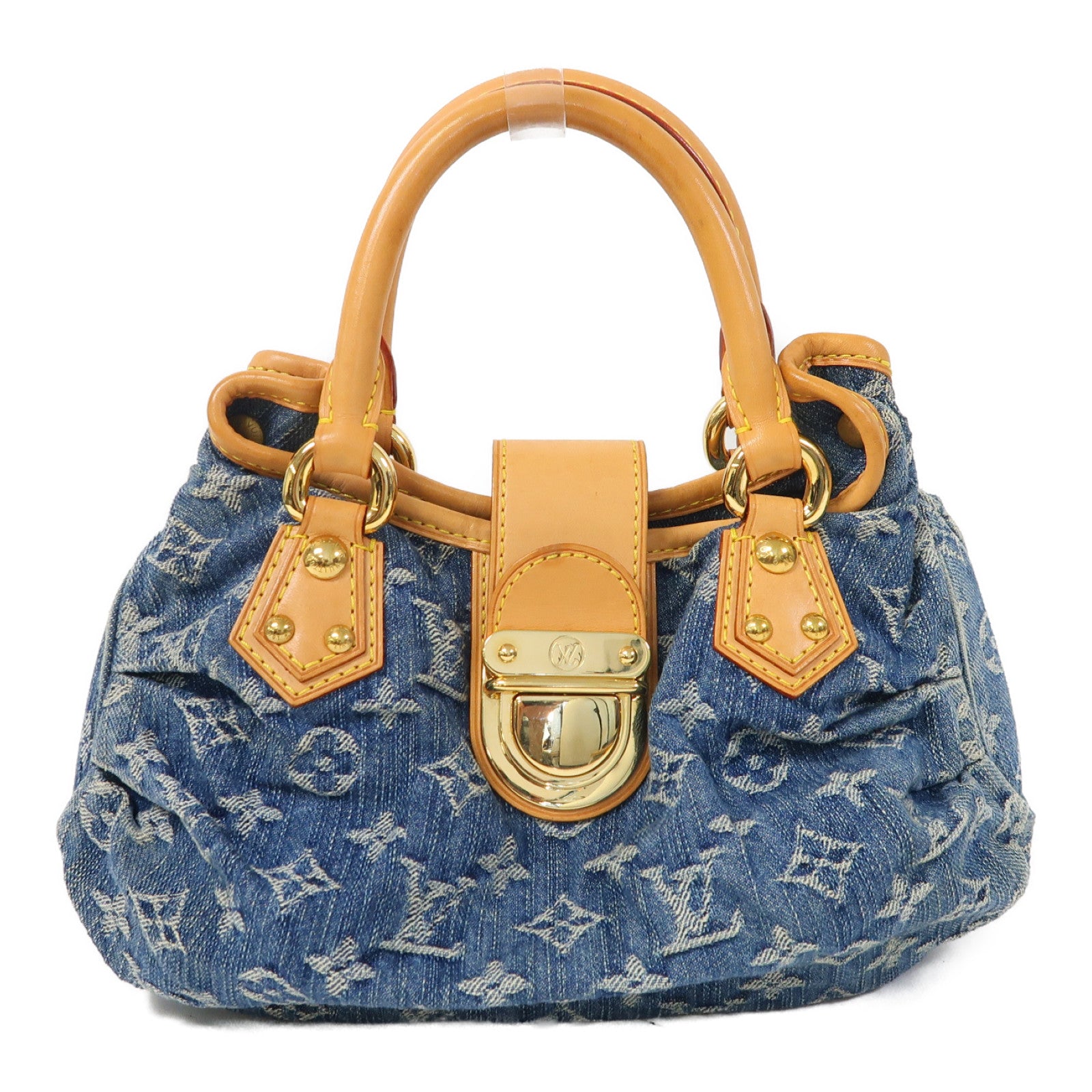 LOUIS VUITTON Monogram Denim Pleaty金扣手挽袋藍色