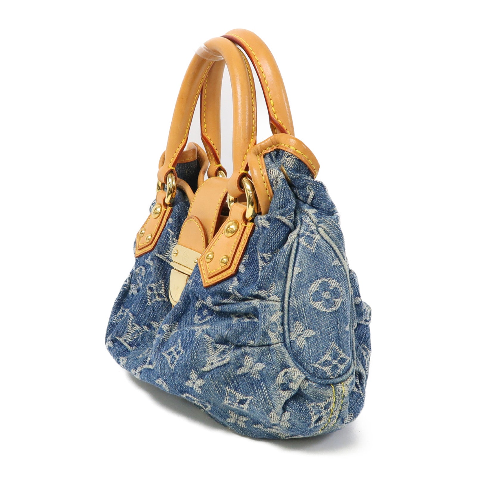 LOUIS VUITTON Monogram Denim Pleaty金扣手挽袋藍色