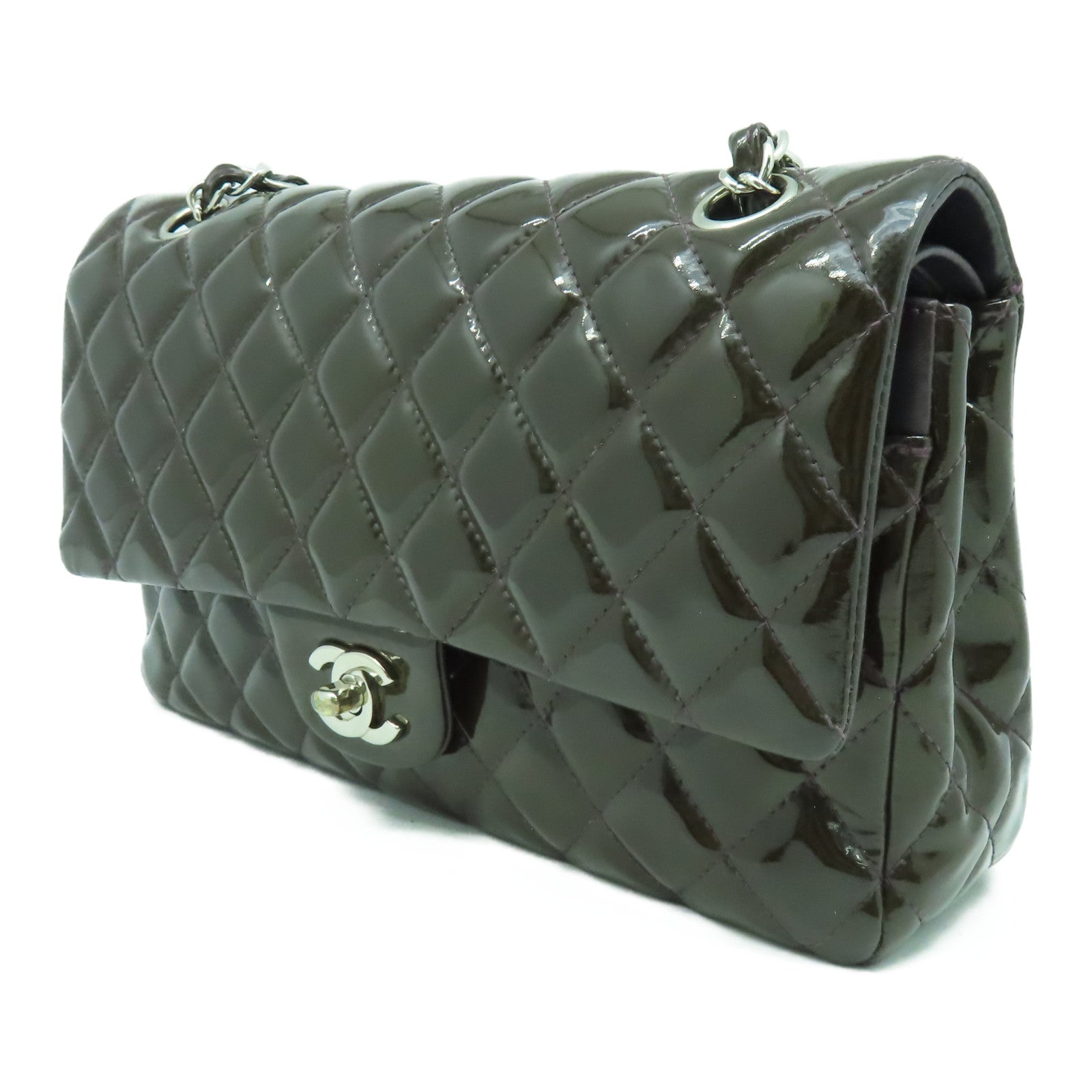 CHANEL 【清倉大減價】菱格漆皮皮革Classic 25cm銀扣鏈帶肩背袋啡色