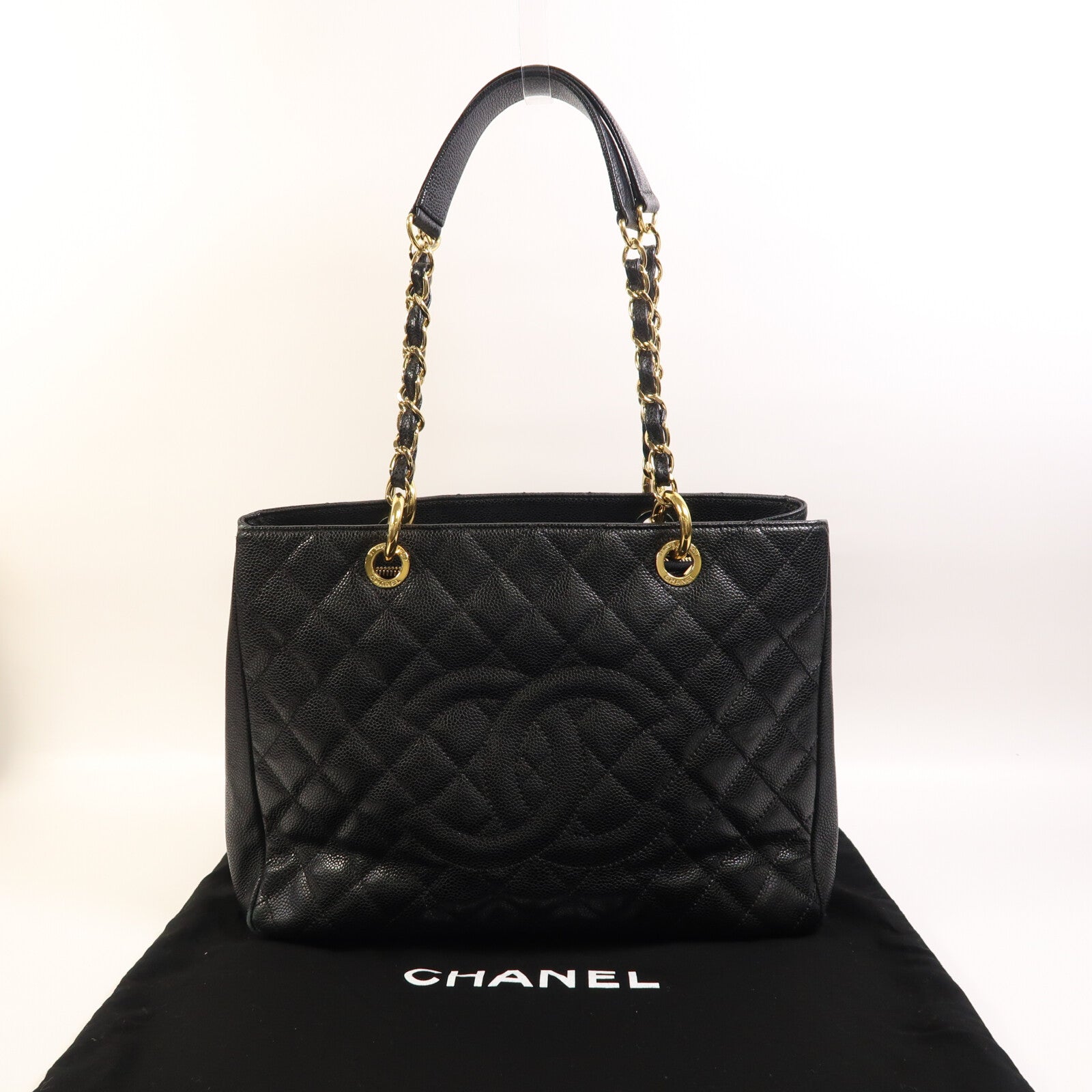 CHANEL 牛皮皮革GST Grand Shopping Tote Bag金扣鏈帶肩背袋