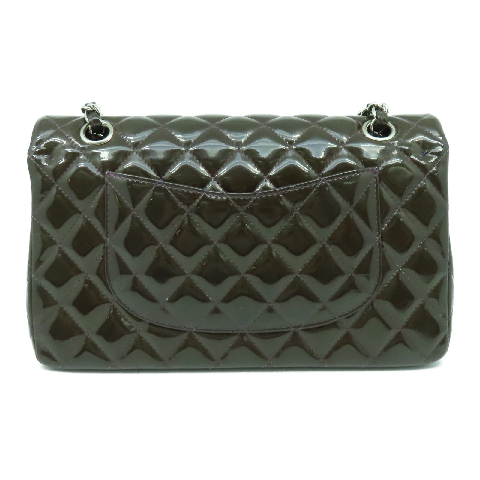 CHANEL 【清倉大減價】菱格漆皮皮革Classic 25cm銀扣鏈帶肩背袋啡色