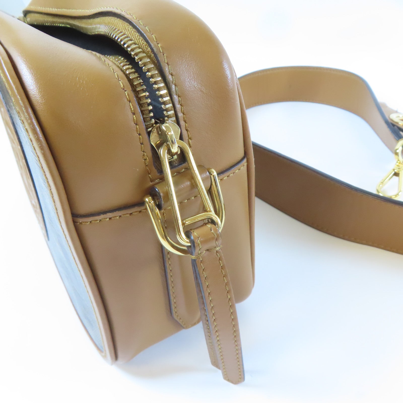 FENDI 牛皮皮革/塗層帆布Shoulder Bag金扣肩背袋啡色