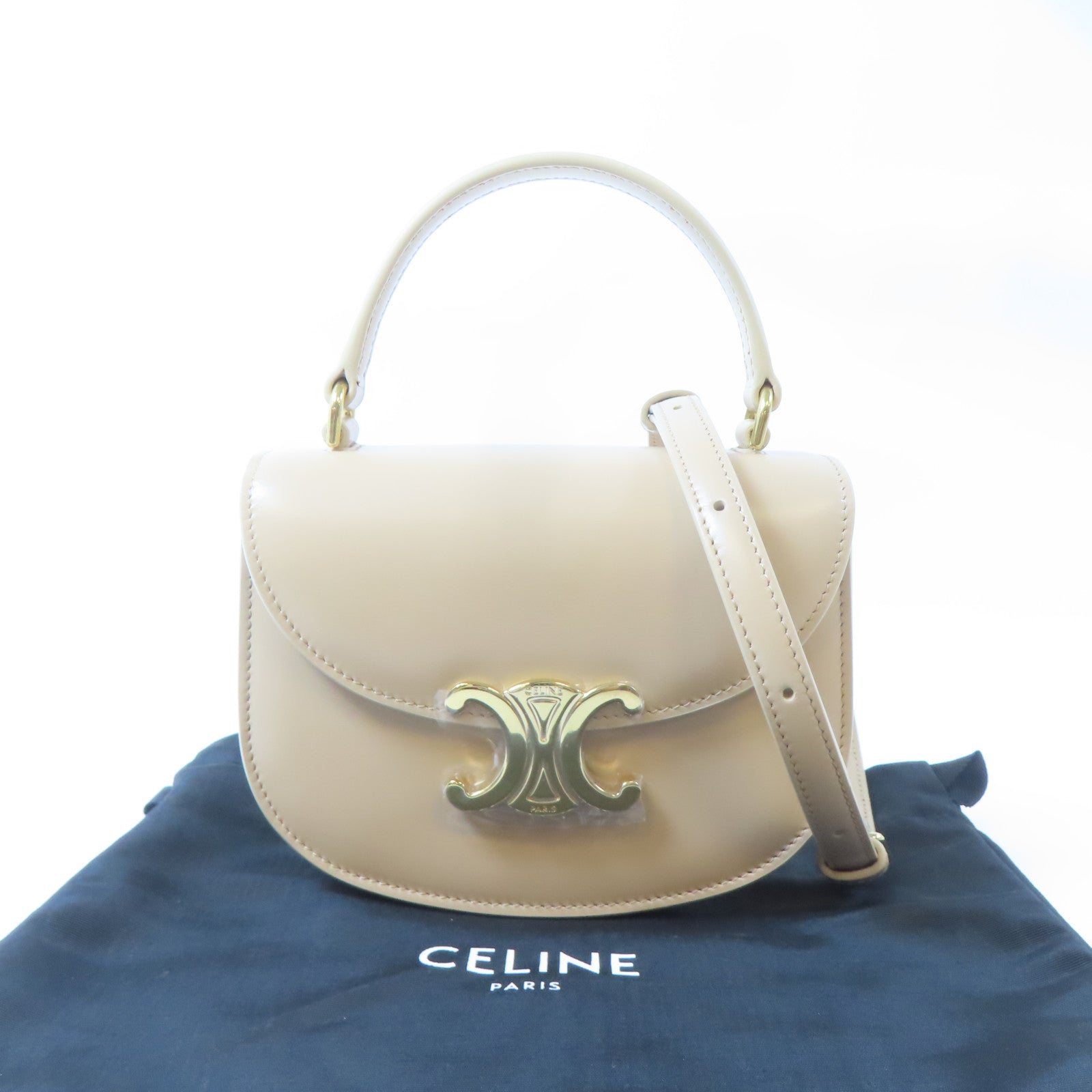 CELINE 【激減優惠】牛皮皮革Besace Clea金扣手挽肩背兩用袋米色