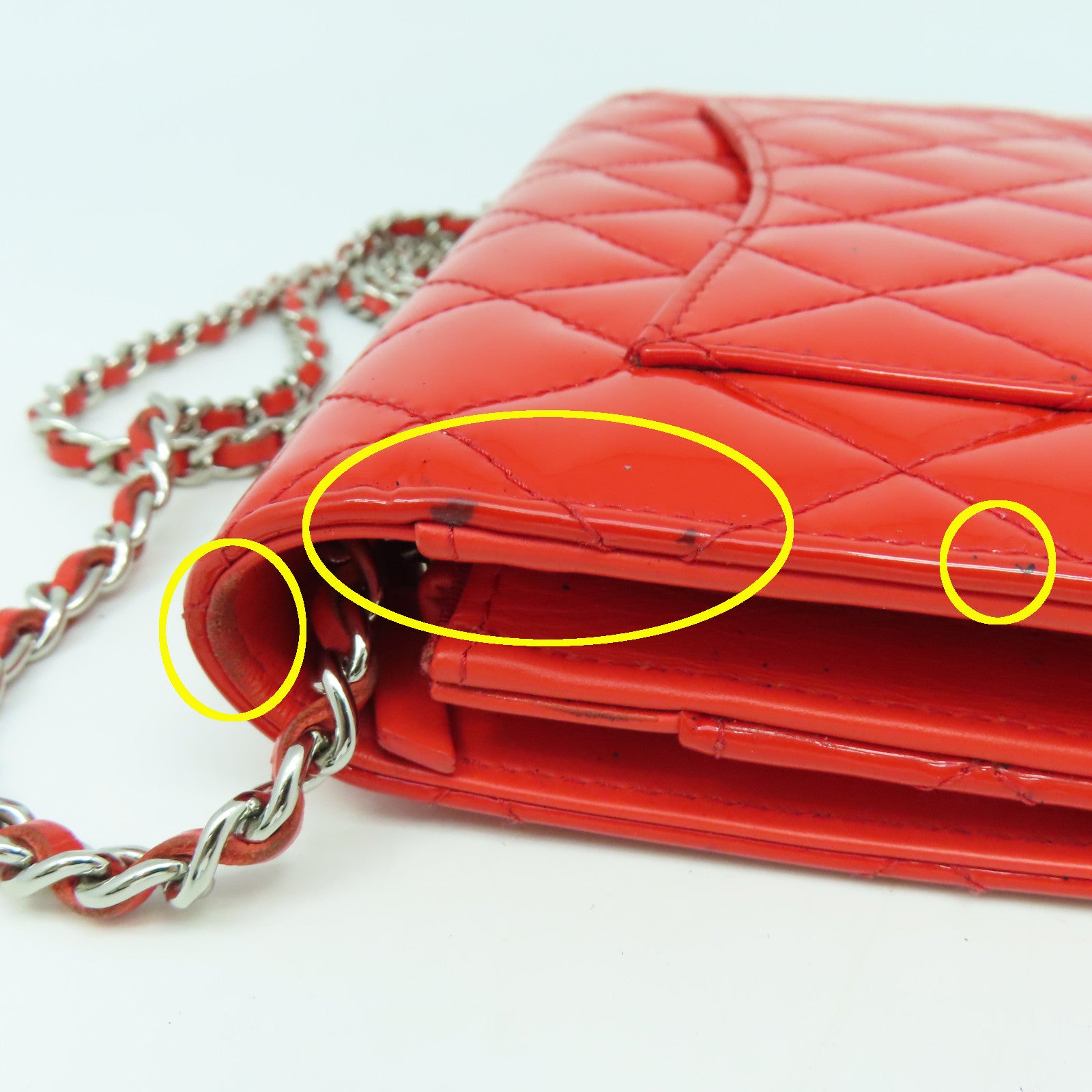 CHANEL 菱格漆皮皮革Wallet On Chain Shoulder Bag銀扣鏈帶錢包肩背袋橙紅色