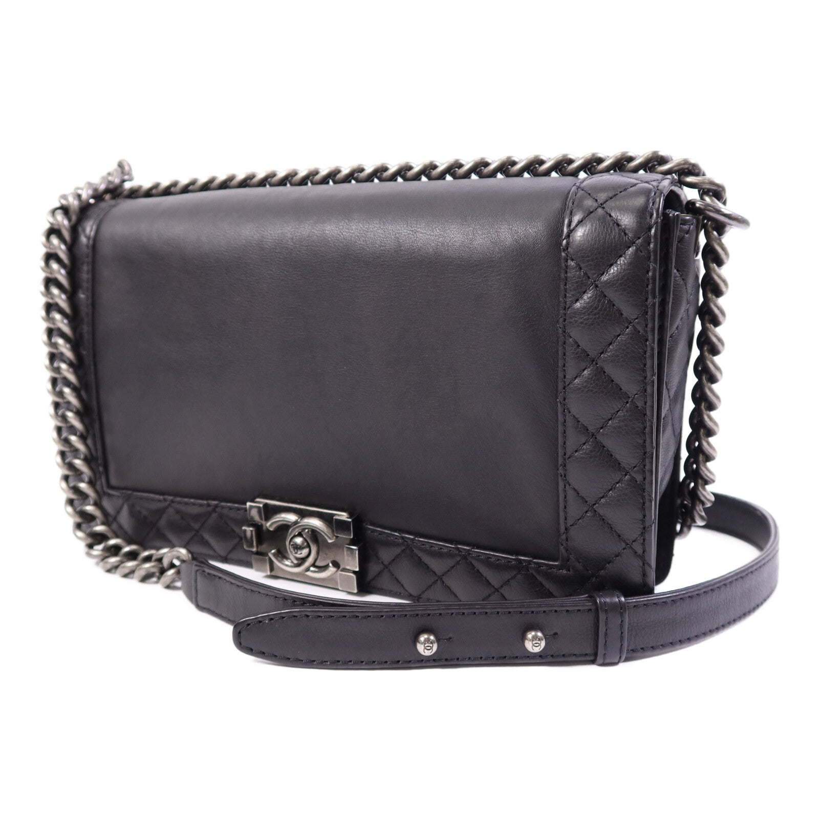 CHANEL 牛皮皮革Boy 28銀扣鏈帶肩背袋